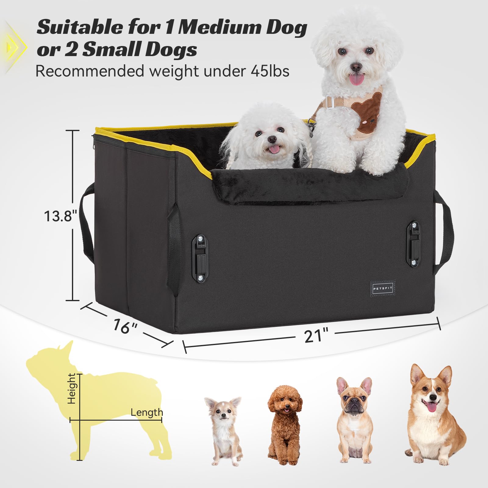 Petsfit Dog Car Booster Seat, Medium Dog Car Seat With 2 Clip-On Safety Leashes, Patented Buckles, Dog Booster Seat For Pets Under 45Lbs (Medium, Black)
