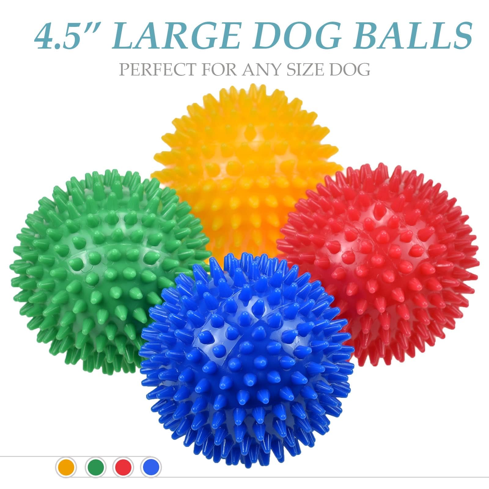 Ousiya 4.5'' Squeaky Dog Balls for Aggressive Chewers - Heavy Duty Teething Toys for Large Medium Dogs - Durable Spikey Balls (4