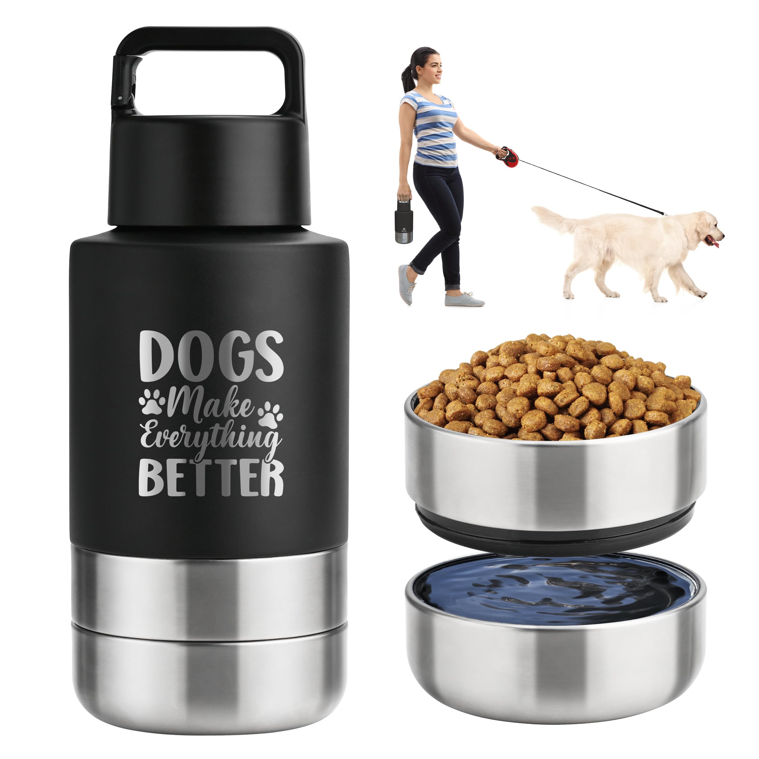 KEWIXY Insulated Dog Travel Water Bottle With Detachable Bowls, Ideal Gifts for Dog Lovers, Portable Water Bottle Dispenser, For