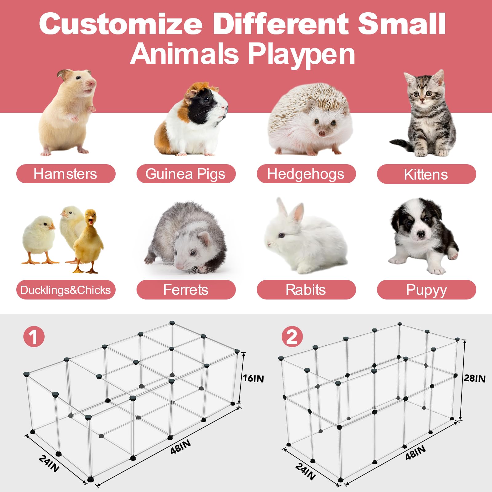 24 Panels Portable Small Animals Playpen,48''X 24''X 28'' Transparent Pet Playpen,Portable Plastic Enclosure,Puppy Play Pen For