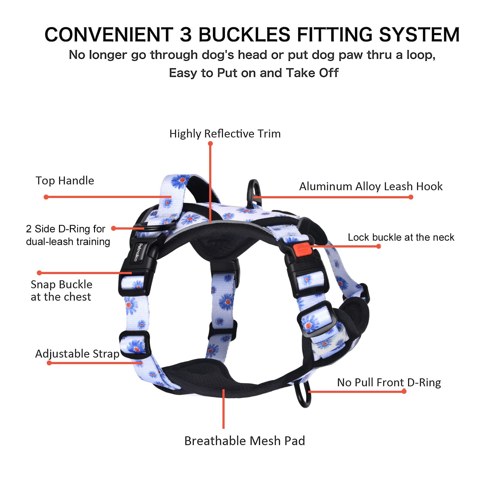 Petmolico No Pull Dog Harness & Leash Set, Medium Daisy, Soft Padded, Reflective, 2 Leash Attachments, Easy Control Handle, Model PT334