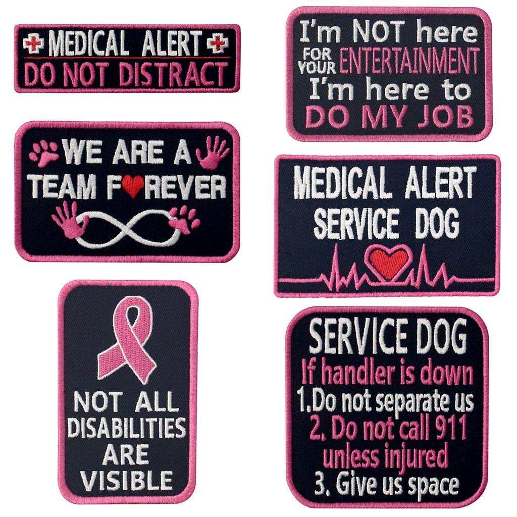 Service Dog Medical Not All Disabilities Are Visible Alert Vest/Harnesses Morale Tactical Patch Embroidered Badge Fastener Hook & Loop Emblem, 6 Pcs, Pink