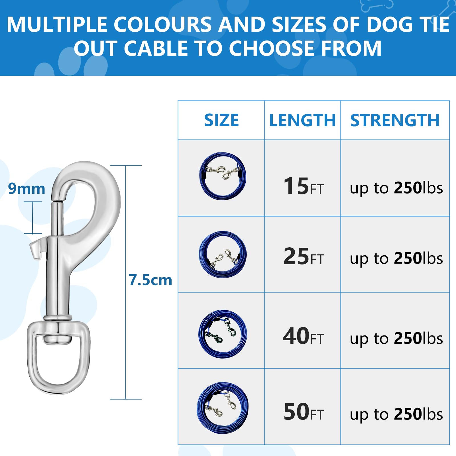 Mooongem 15Ft Heavy Duty Dog Tie Out Cable, Up To 250Lbs Pull Force, Blue