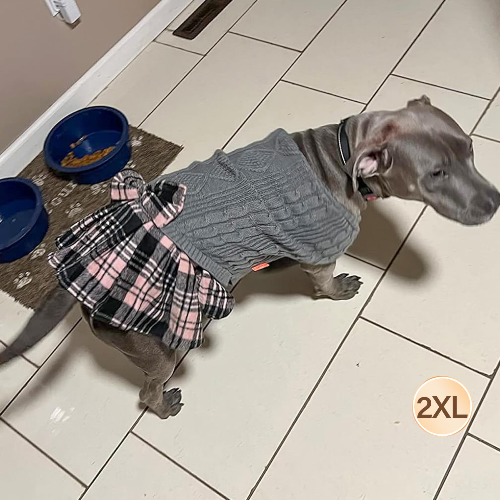 Kyeese Dog Sweaters Dress With Leash Hole For Medium Dogs With Bowtie Turtleneck Dog Knitwear Plaid Pattern Warm Pet Sweater Grey
