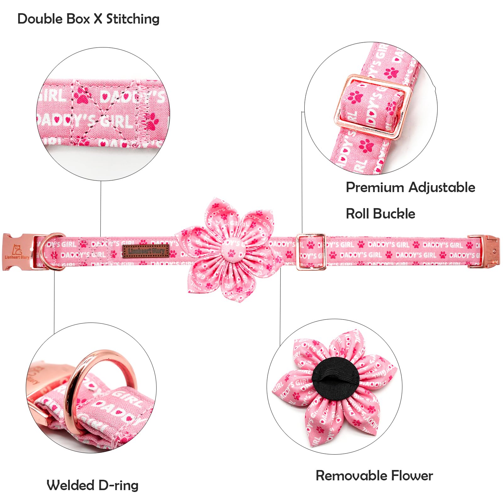 Lionheart Glory Valentine'S Day Collar With Flower Bowtie For Small Dogs, Pink Collar With Spring Flowers