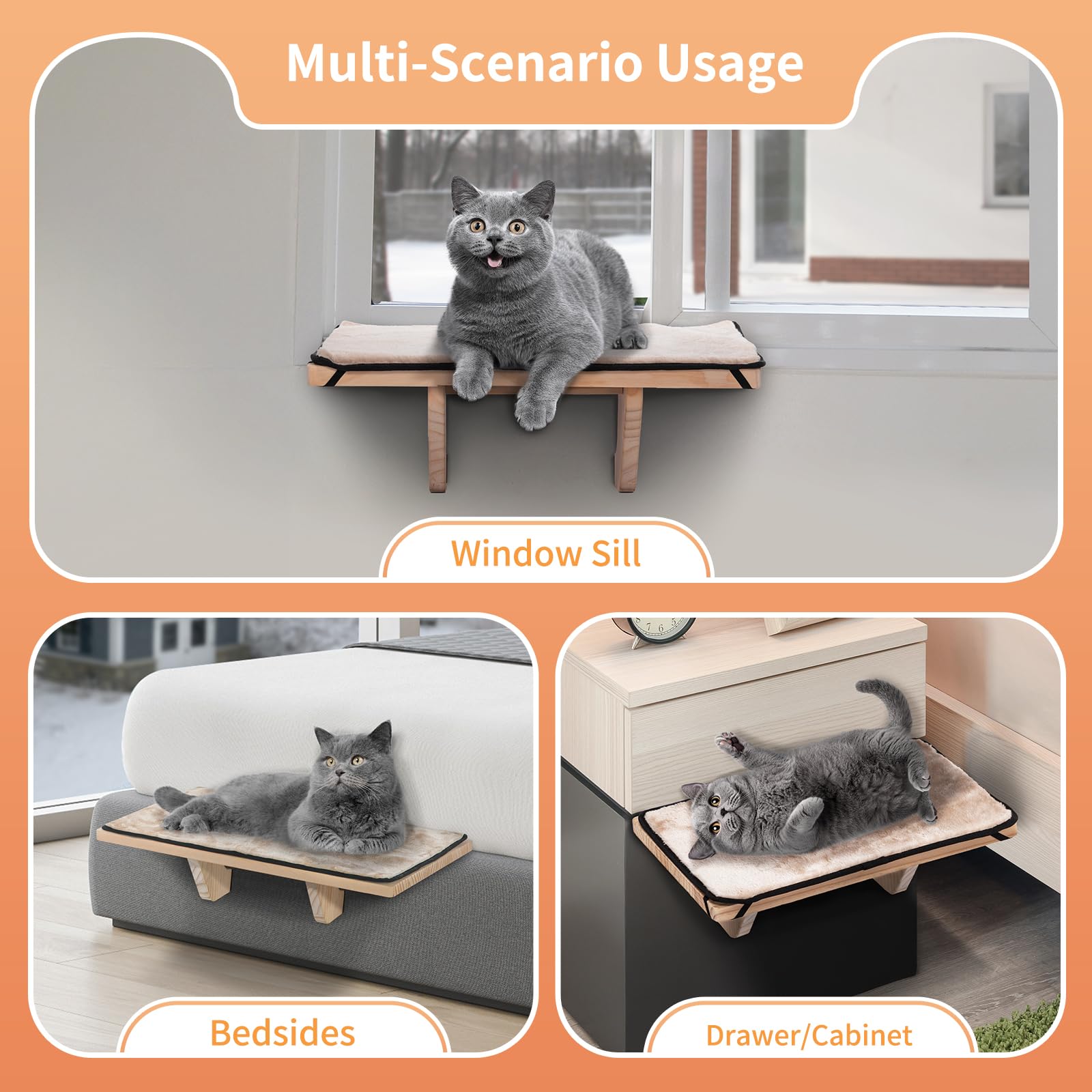 Petsfit Window Perch, Cat Hammock Window Seat With Natural Solid Wood&Removable Fleece Mat,Safety Sturdy Cat Bed For Windowsill,