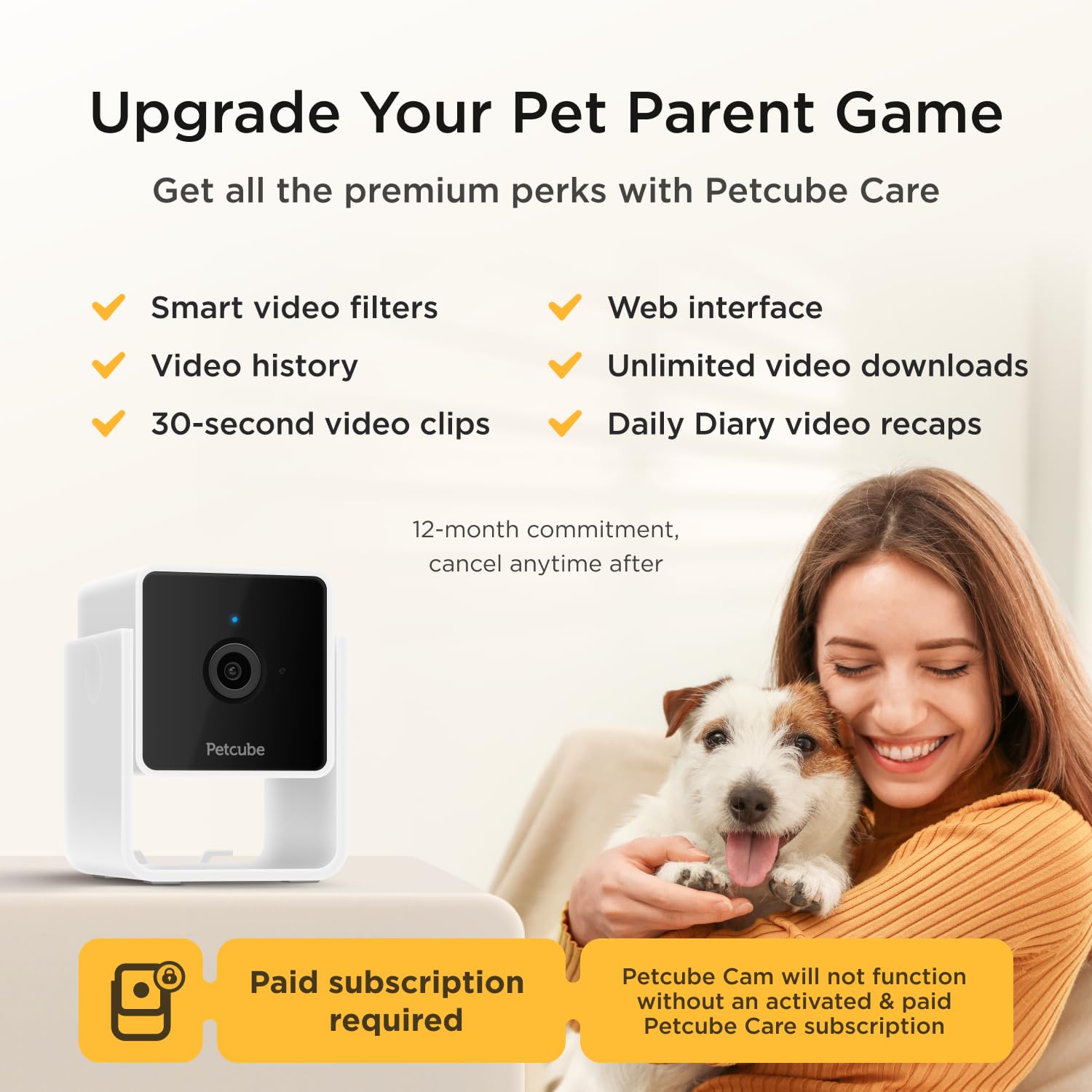 Petcube Cam And Care Coverage Subscription | Indoor Wi-Fi Pet And Security Camera With Phone App, Cats And Dogs Monitor With 2-W