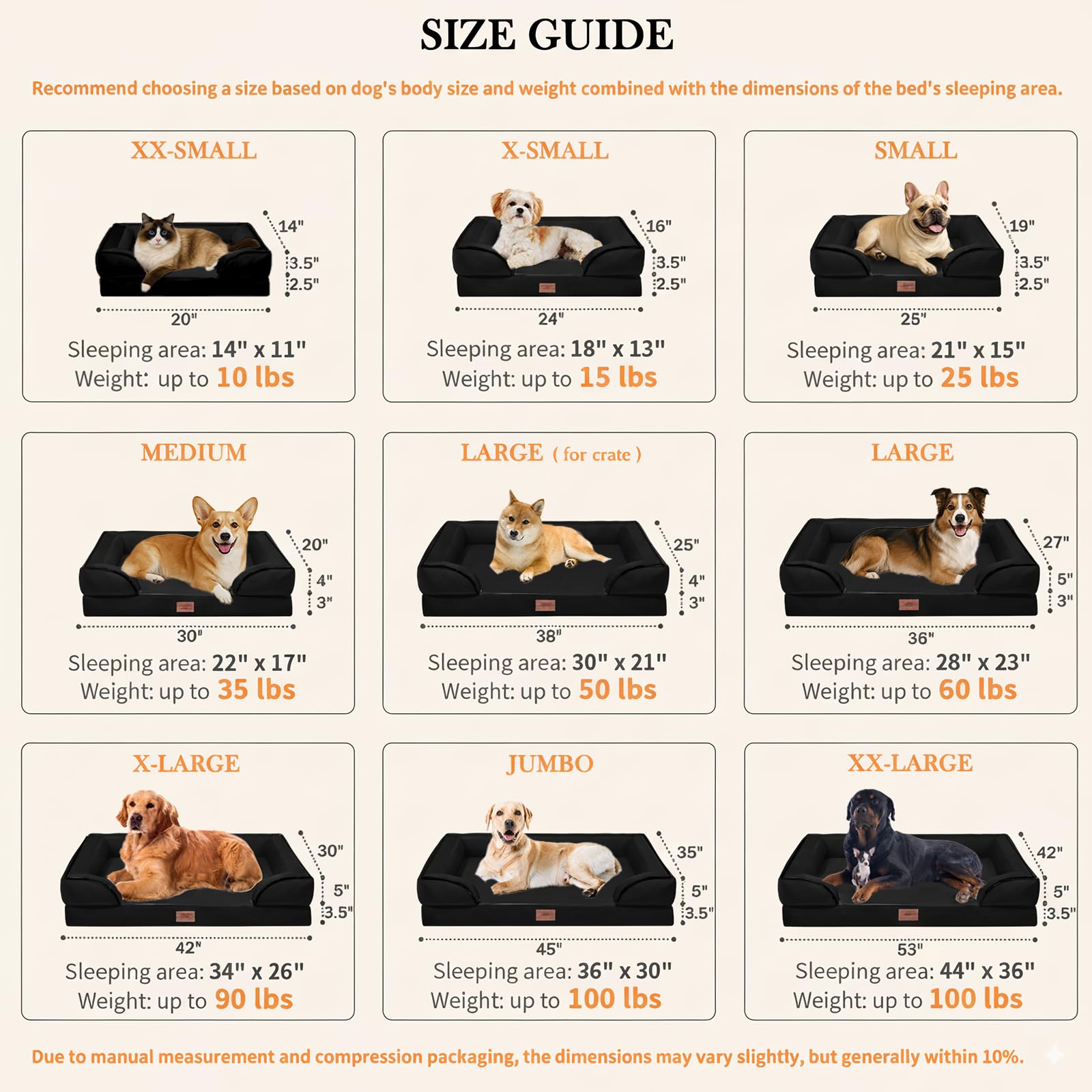 Comfort Expression Orthopedic Dog Bed, Waterproof Egg Crate Foam, 45x35 Inch, Black, Removable Bolsters, Non-Slip Bottom