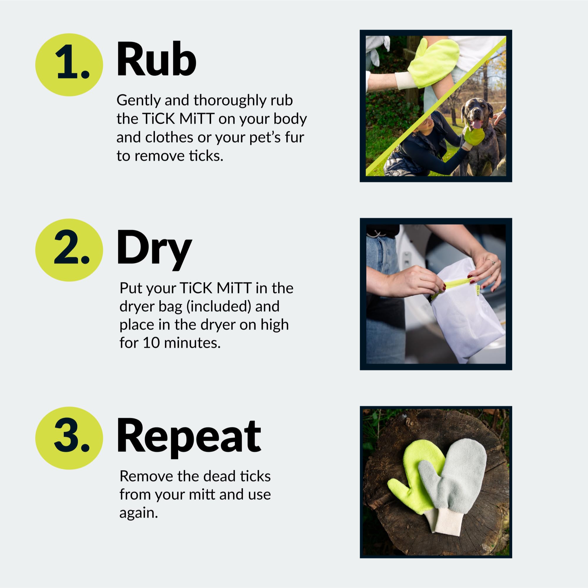TiCK MiTT Green Tick Removal Glove: Gently Remove Ticks from Humans & Pets - Chemical-Free, Durable, Portable, Easy to Use Tick