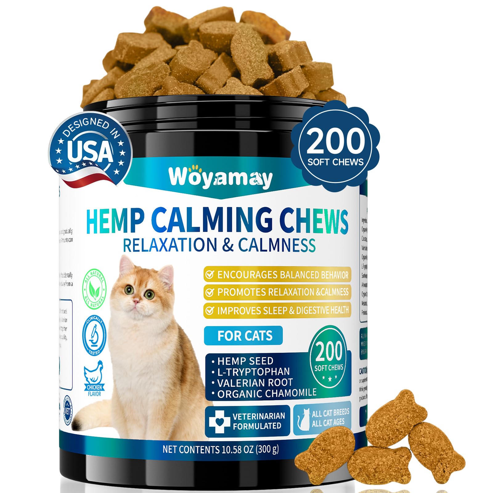 Woyamay Cat Calming Chews, 200 Treats Calming Treats for Cats for Anxiety & Stress Relief, Calming Treats for Cats, Melatonin Ca