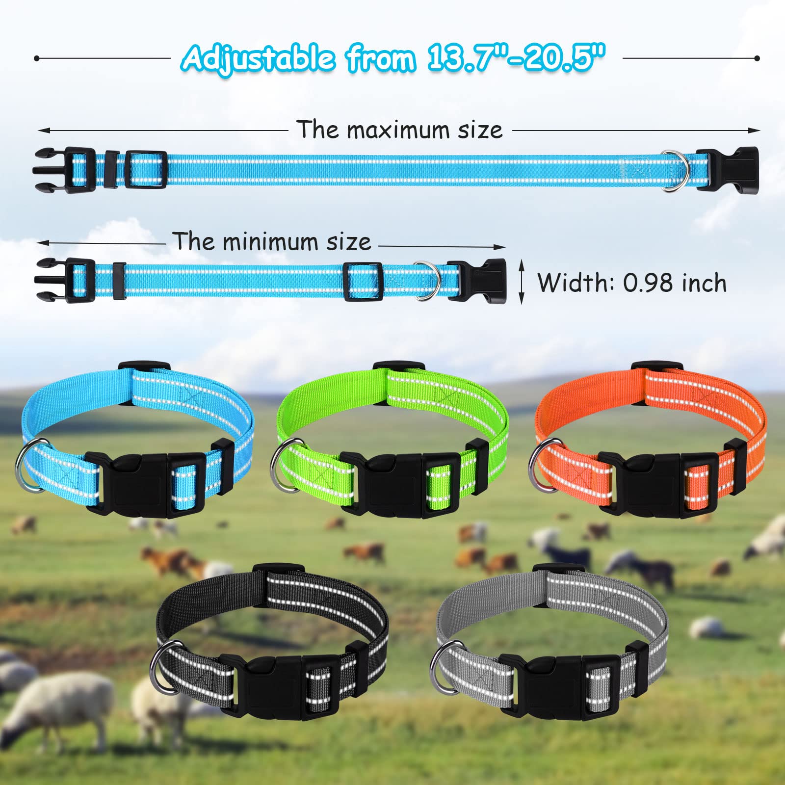 GINDOOR 5 Pack Reflective Goat Collars with Bells, Cow Horse Sheep Grazing Copper Bells and Adjustable Nylon Collar Set Pet Anti