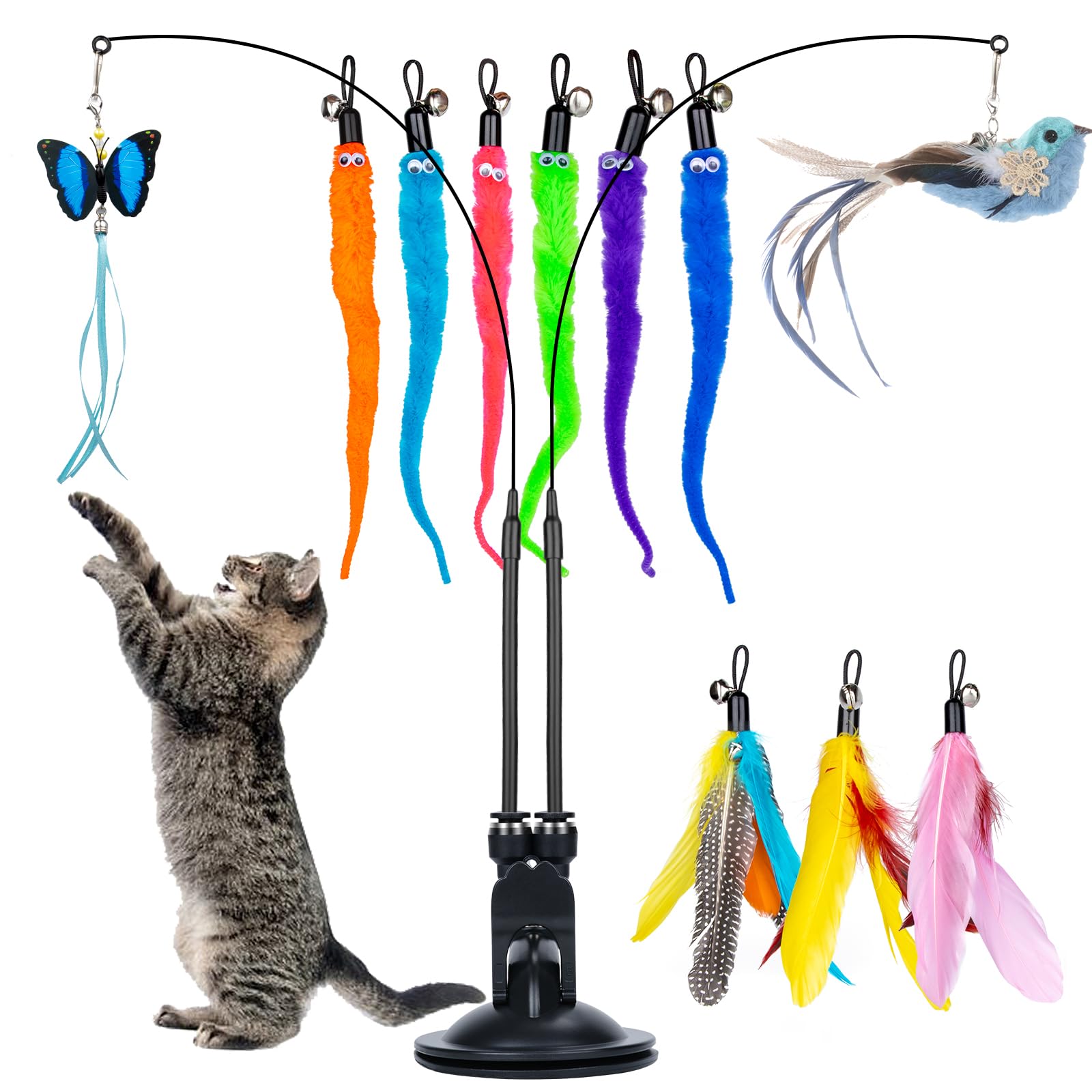 Cat Feather Toys, 14Pcs With 2 Slots Super Suction Cup, Detachable 2Pcs Wand & 11Pcs Replacement Teaser Refills With Bell, Inter