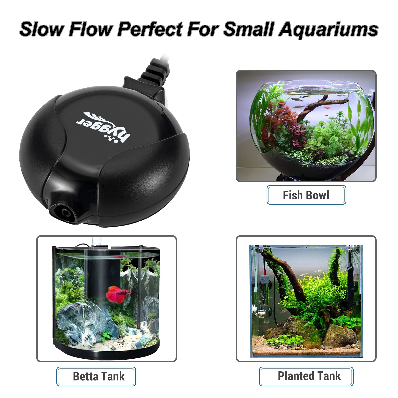 Hygger Quiet Mini Air Pump For Aquarium 1.5 Watt Oxygen Fish Air Pump For 1-15 Gallon Fish Tank With Air Stone Air Tubing Clip Black