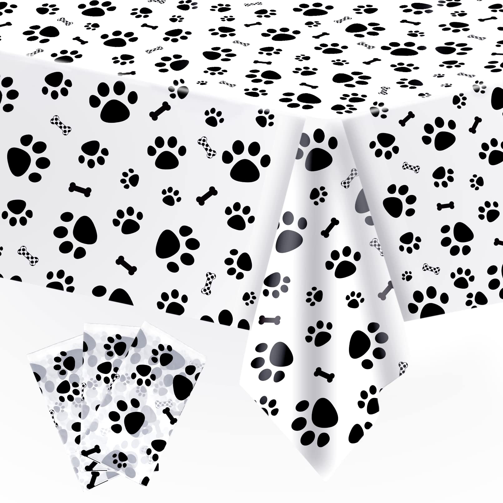 3 Pack Puppy Dog Pet Paw Print Plastic Tablecloth Table Cover,Large Paw Print And Bone Sign Plastic Disposable Rectangle Table C