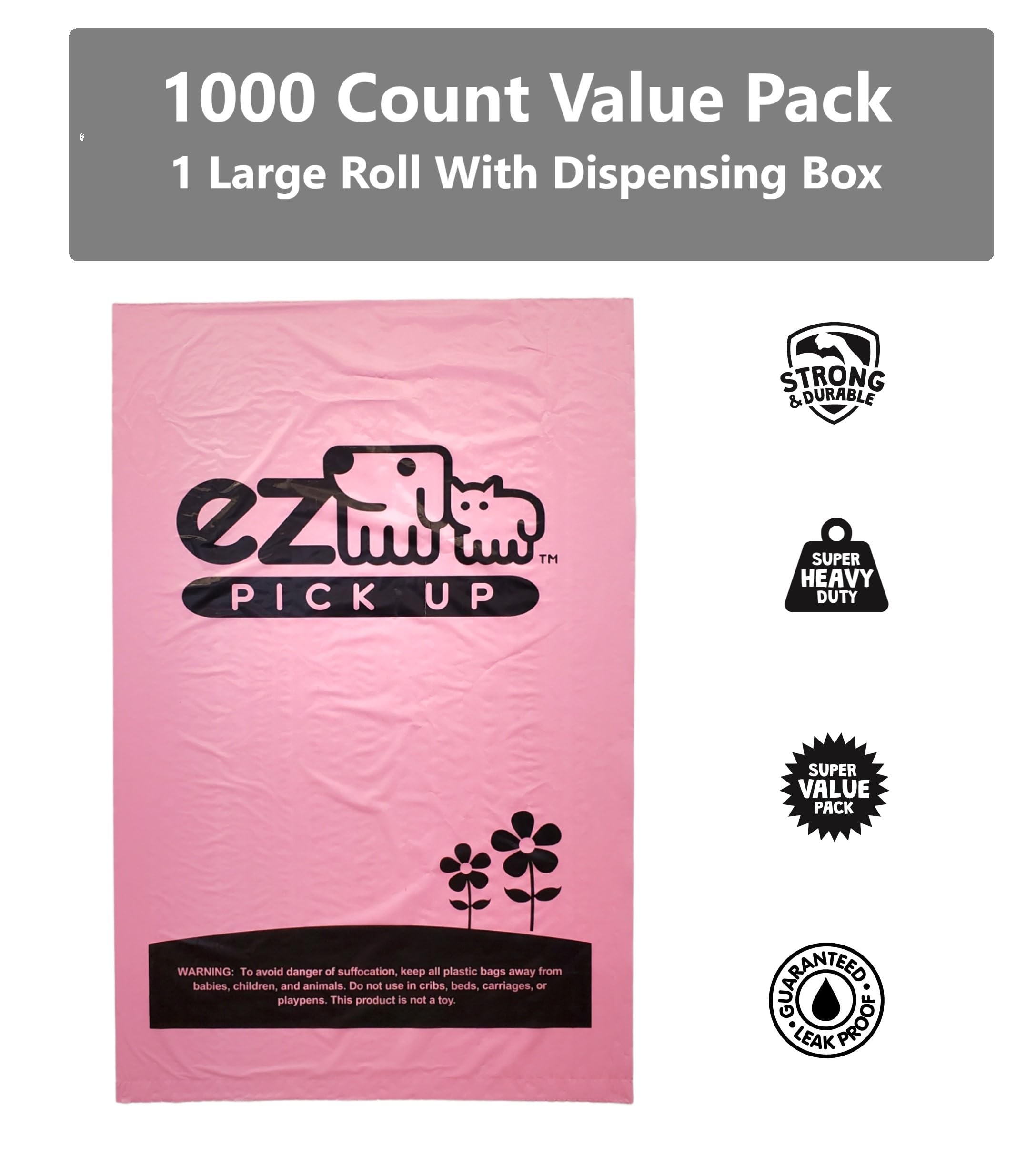 1000 Pet Waste Disposal Dog Poop Bags, EZ Pick Up Bag, Pink (single roll), 9''x12'' Large