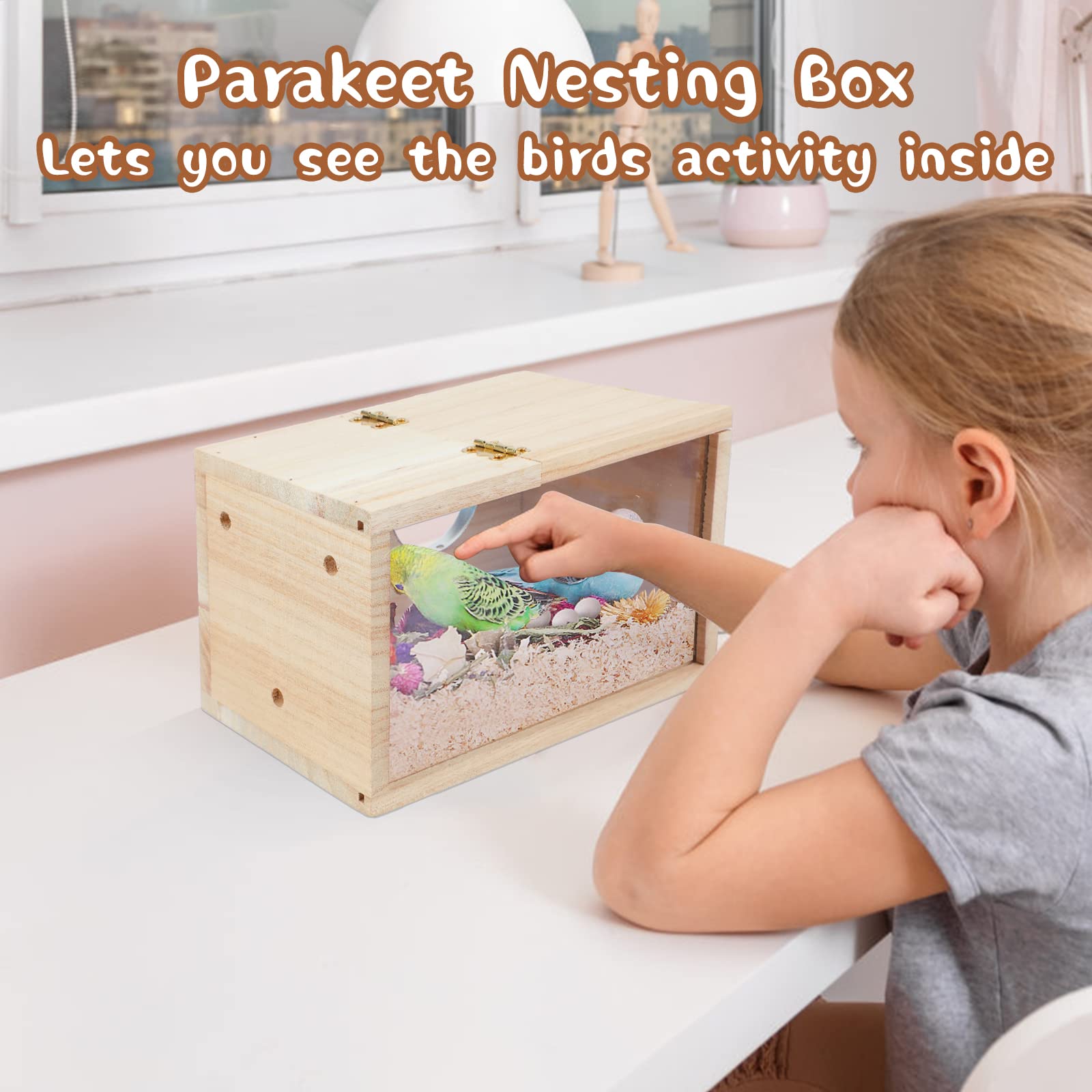 GINDOOR Parakeet Nesting Box Transparent Bird House for Cage Natural Wood Breeding Box for Parrot Parakeet Cockatiel Lovebirds B