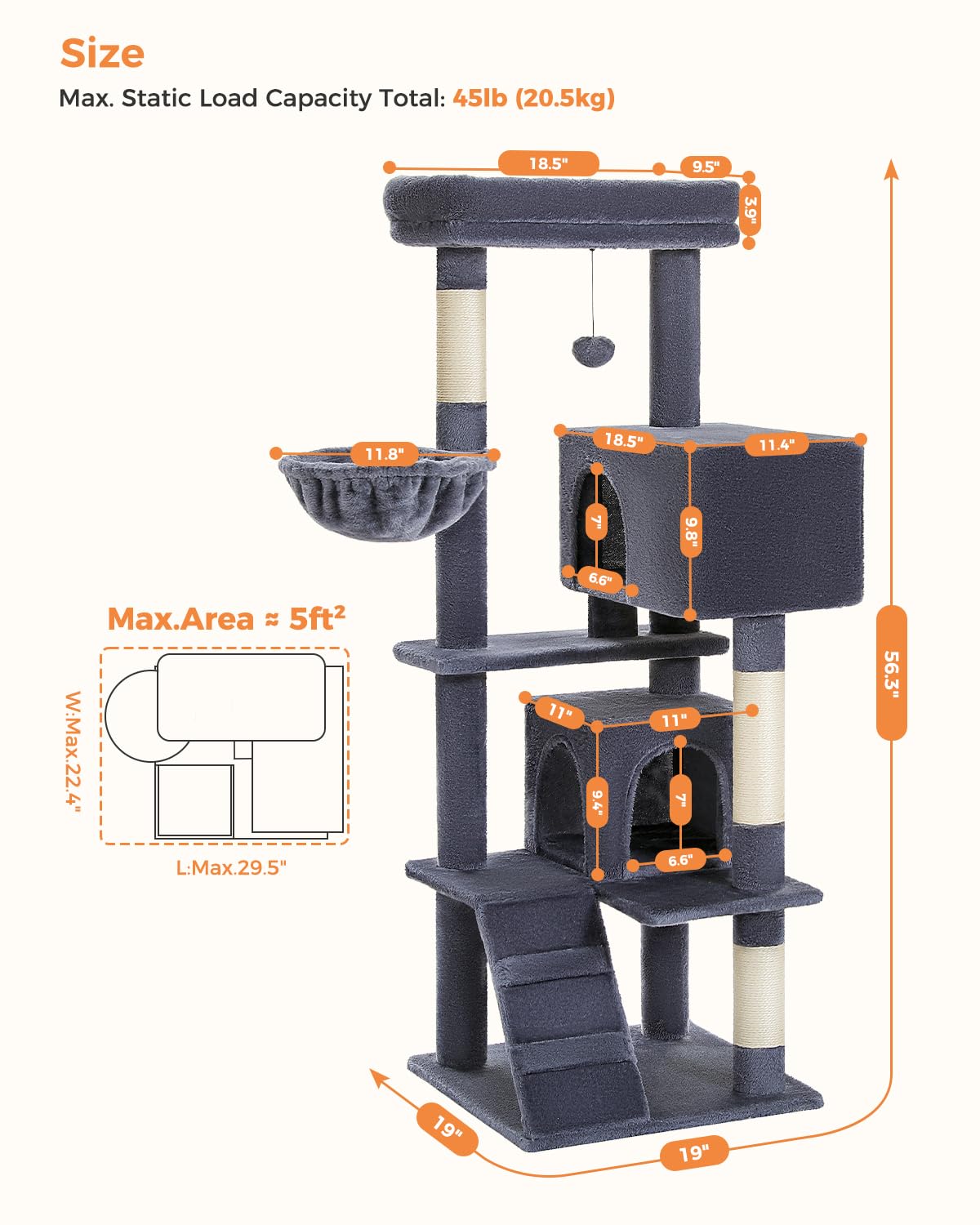 Muttros Cat Tree For Large Cats Adult With Super Large Top Perch, 56.3'' Cat Tower For Large Cats With Plush Hammock, Cat Shelve