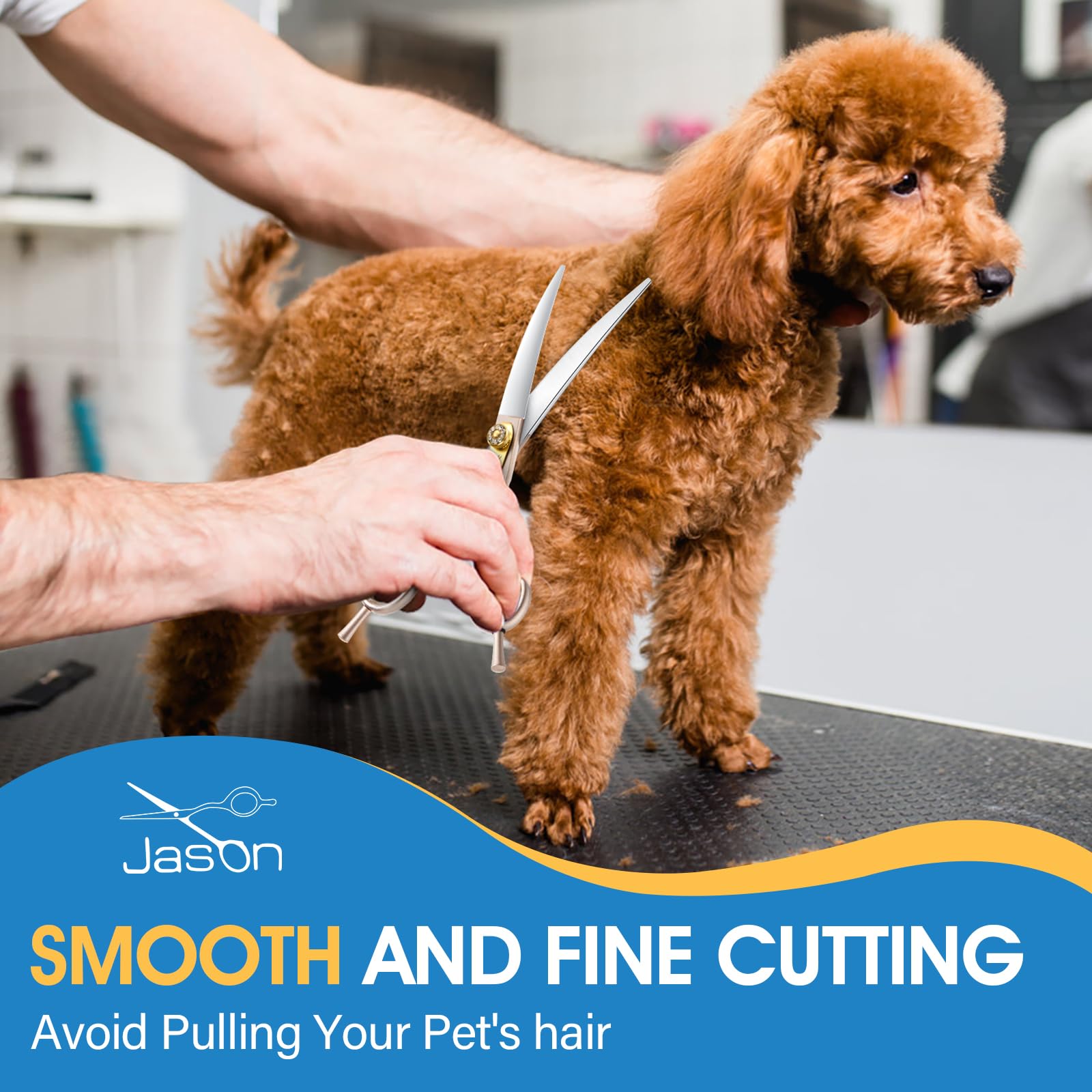 Jason 7.5'' Dog Grooming Scissors - Professional Curved Shear With Ergonomic Handle Japanese 440C Stainless Steel Pet Scissor Wi
