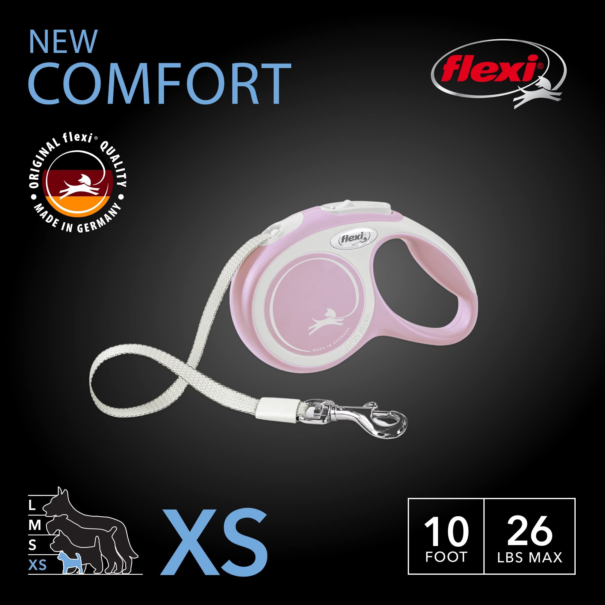 Flexi® New Comfort Retractable Dog Leash (Tape), Ergonomic, Durable And Tangle Free Pet Walking Leash For Dogs Up To 26 Lbs, 10 Ft, Extra Small, Pink/Rose