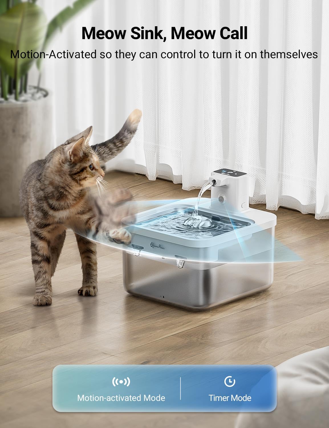 Downypaws Battery Operated Cat Water Fountain Stainless Steel, 84Oz/2.5L Fursink Wireless Pet Water Fountain For Cats Inside, Au
