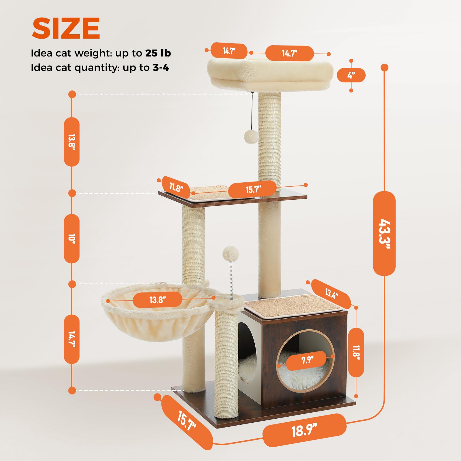 Pequlti Modern Cat Tree For Indoor Cats,Multilevel Play House Cat Tower With Cat Condo, Scratching Post, Cozy Hammock And Plush
