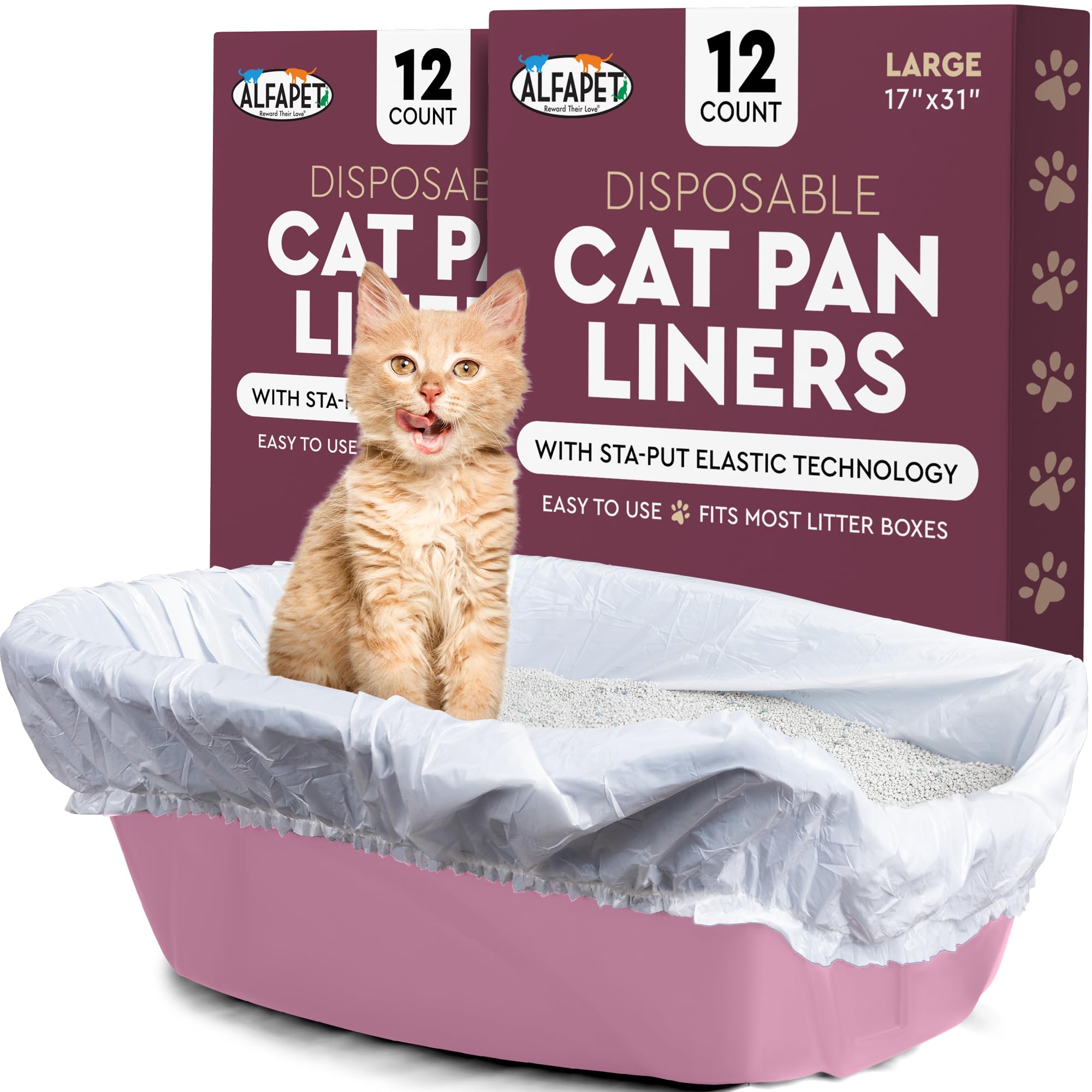 Alfapet Cat Litter Box Liner Disposable, Elastic Liners- 24-Count-For Medium And Large, Size Litter Pans- With Sta-Put Technolog
