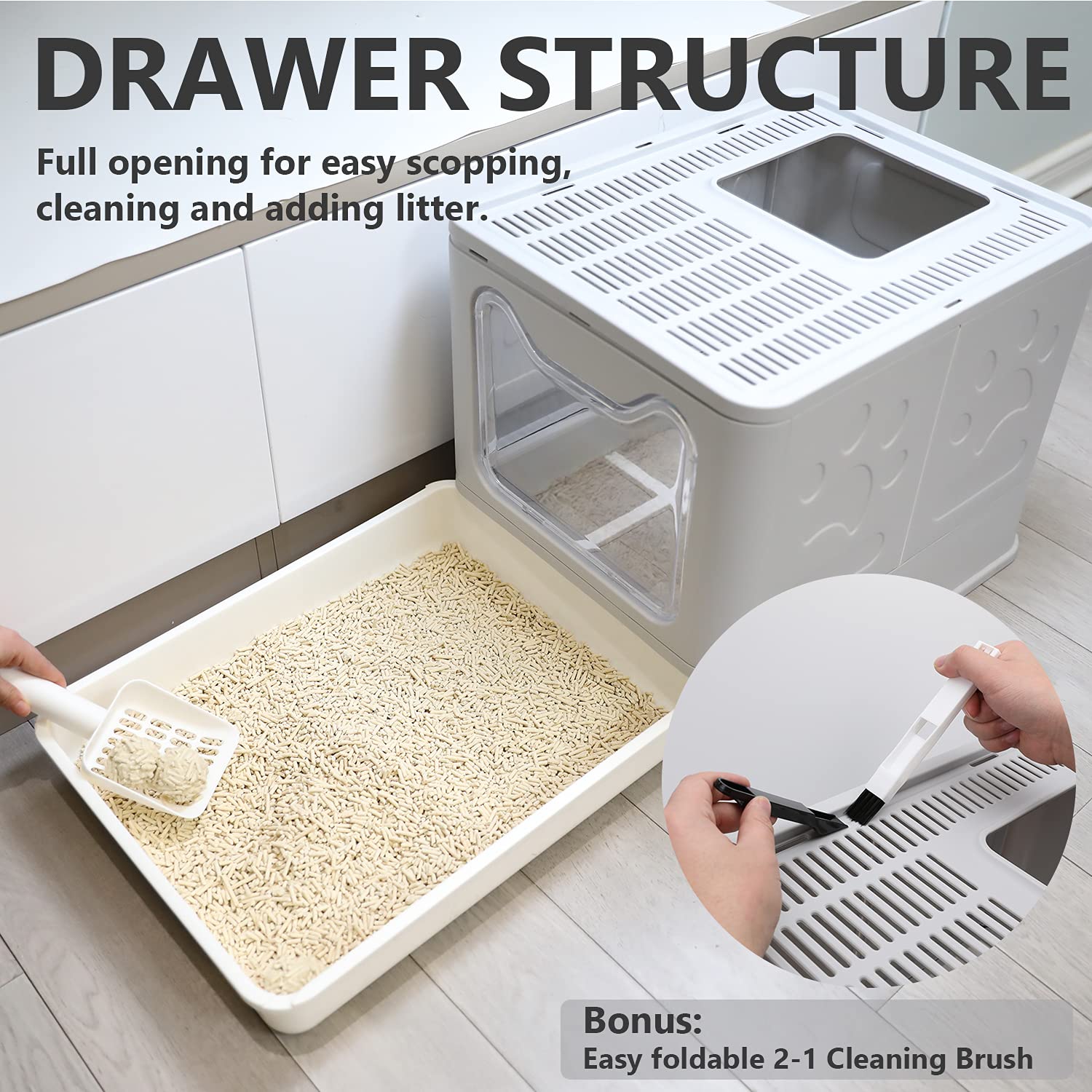 Foldable Cat Litter Box With Lid, Enclosed Cat Potty, Top Entry Anti-Splashing Cat Toilet, Easy To Clean Including Cat Litter Scoop And 2-1 Cleaning Brush (Grey), Large