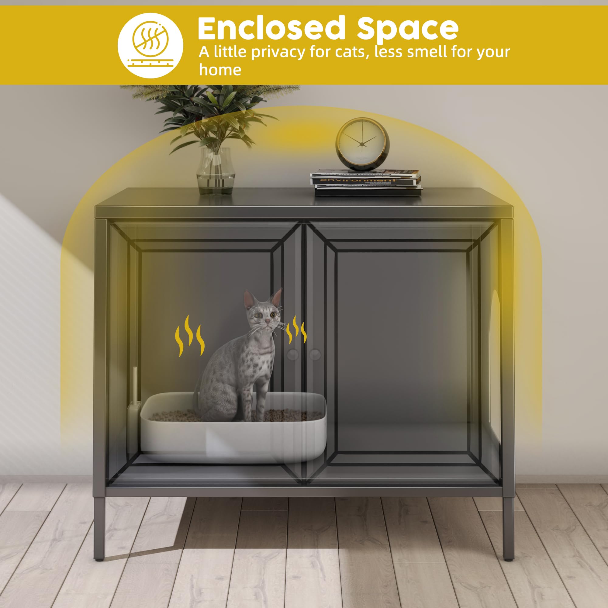 Aobabo Cat Litter Box Enclosure, Metal Cat Washroom Furniture with Barn Door, Pet House, Fit Most of Litter Box, Black, Assembly