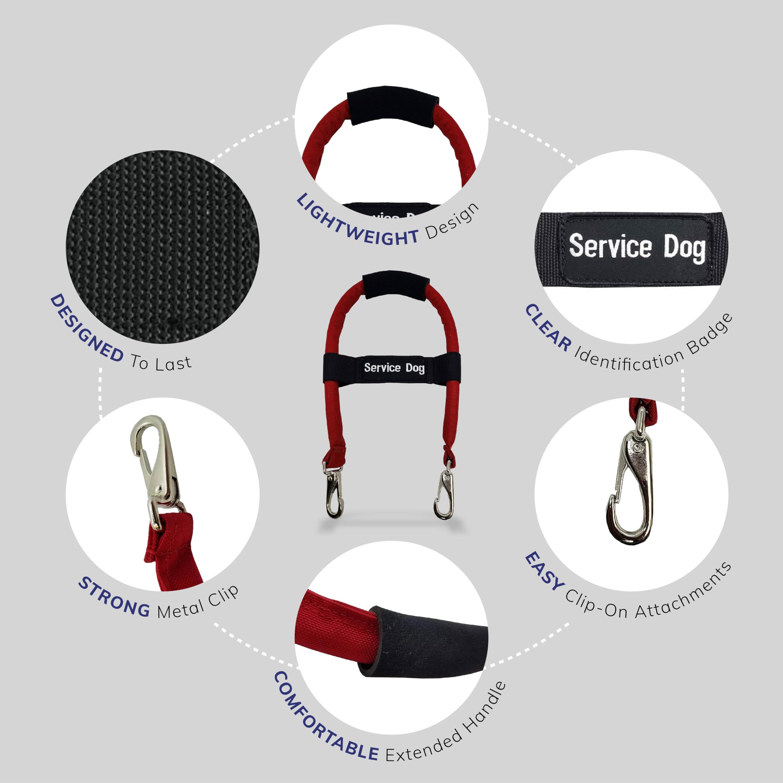 Activedogs Bridge Handle For Service Dog Vest & Harnesses - Extra Padded Cordura 12' Handle With Neoprene Grip & Elastic Service Dog Id Patch Band - Red