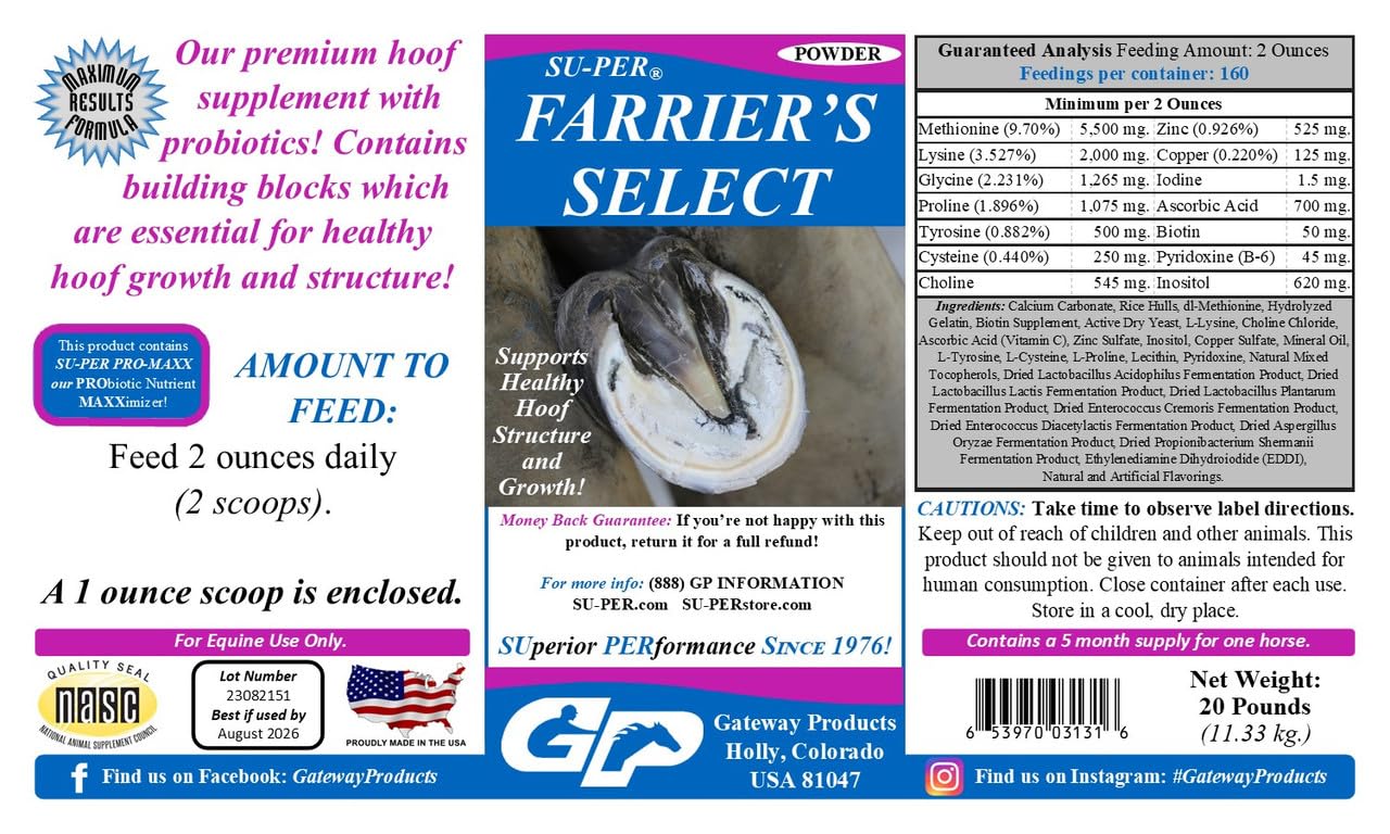 SU-PER Farriers Select Hoof Supplement - Horse Premium Hoof Care Supplement with Probiotics - Healthy Hoof Growth - 20 Pounds,