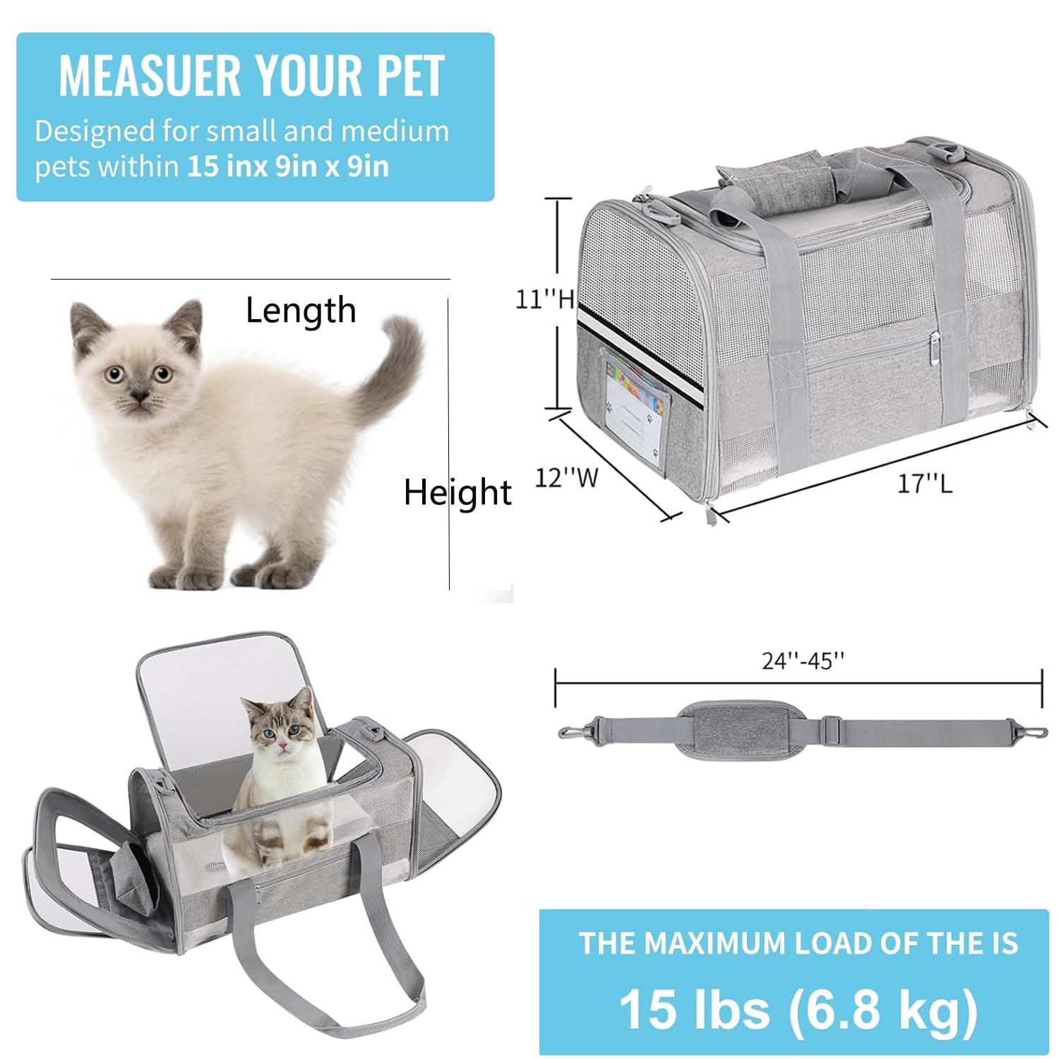 Bejibear Pet Carrier Soft Side Cat Carrier Collapsible Travel Puppy Carrier Bag Tsa Airline Approved Kitten Carrier Bag For 15 L