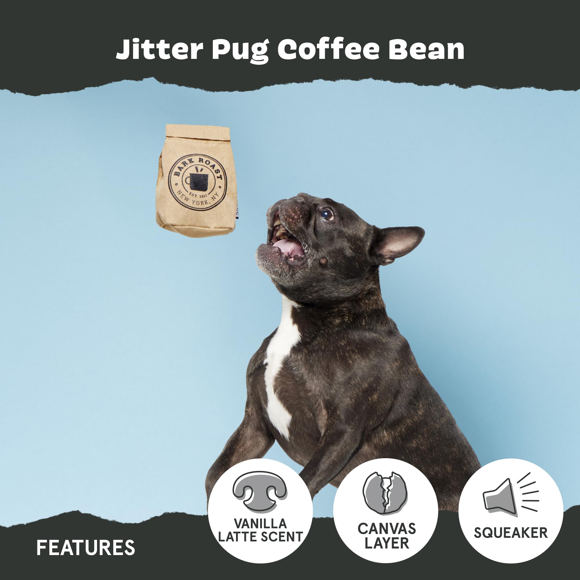 Barkbox Jitter Pug Coffee Bean Dog Toy For Medium Dogs, Hidden Surprise Toy Inside For Engaged And Excited Playtime Fun