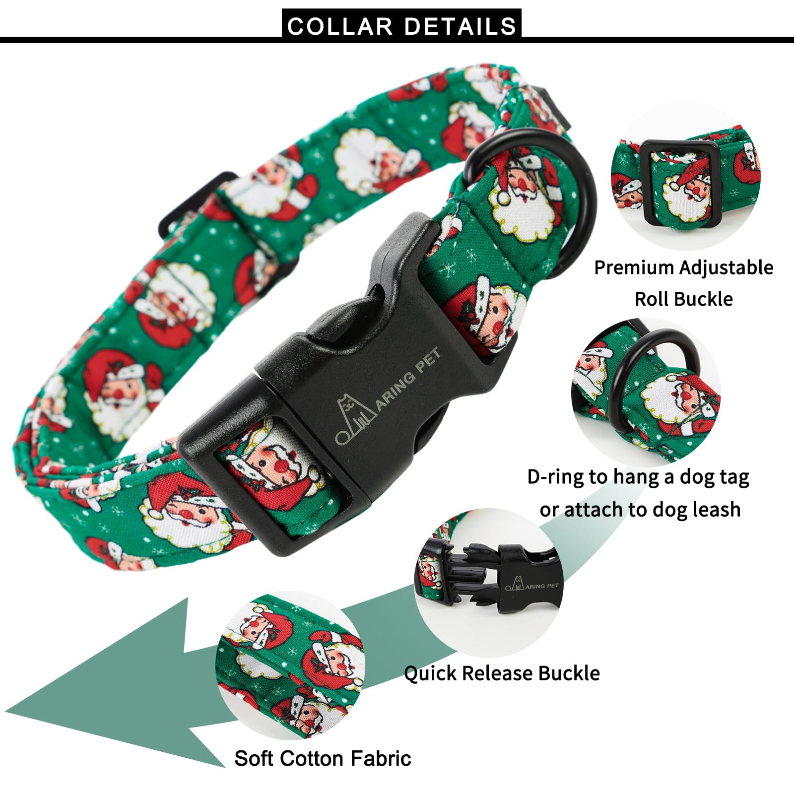 Aring Pet Christmas Dog Collar-Cute Cotton Santa Claus Dog Collar, Adjustable Lightweight Christmas Pet Collars Puppy Collar Wit