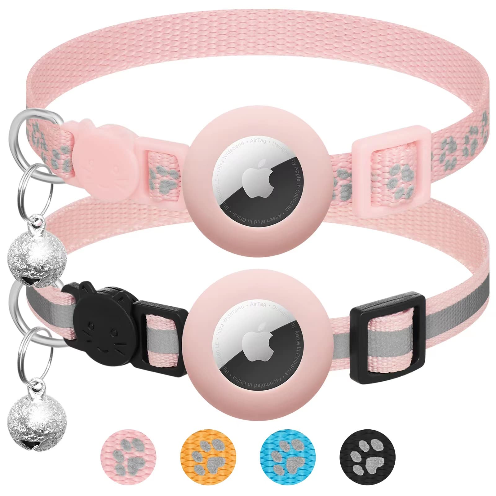 2 Pack Airtag Cat Collar Breakaway With Bell,Reflective Kitten Collar With Apple Airtag Cat Collar Holder,Adjustable 7-12In,Safe