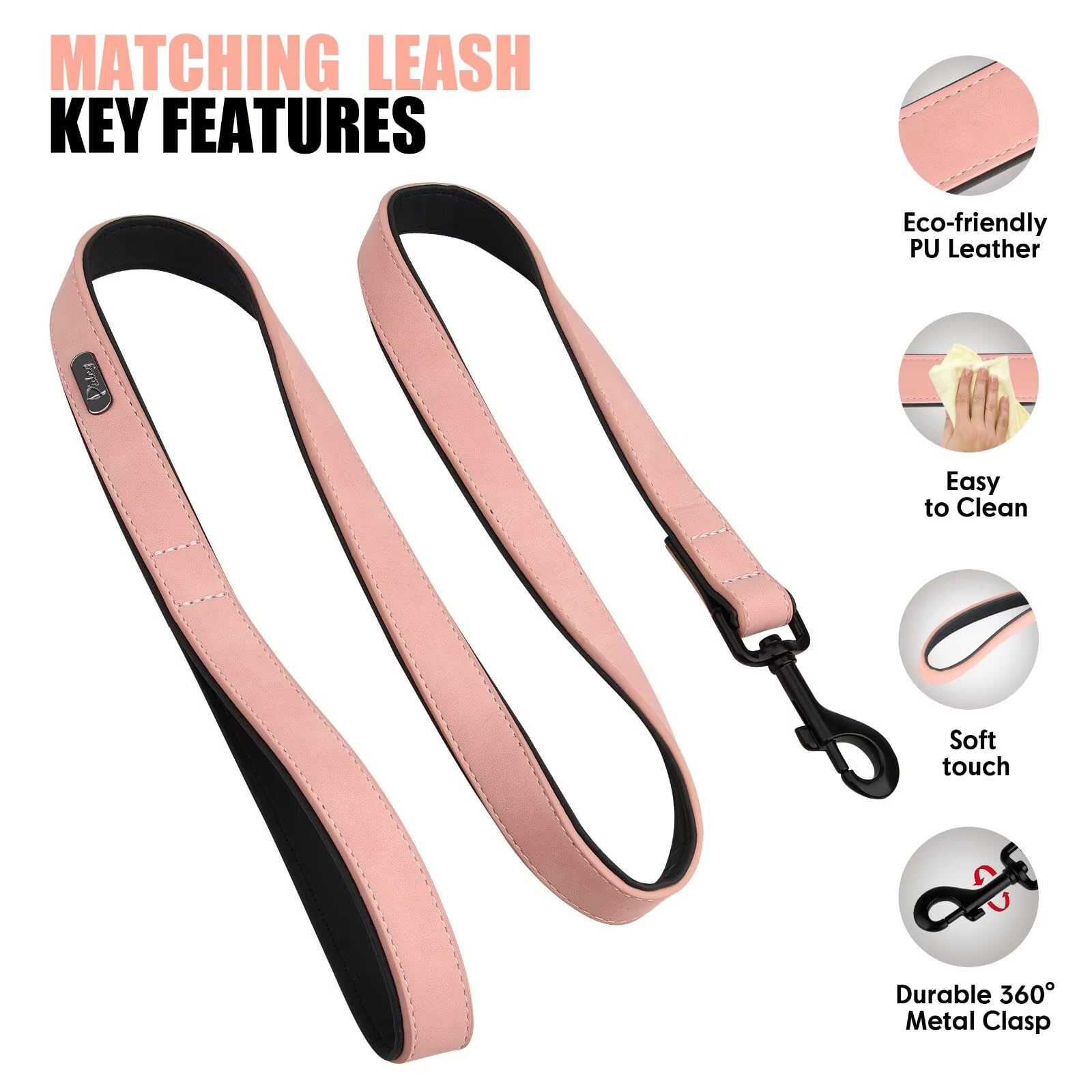Didog Soft Padded Leather Dog Collar And Leash Set, Heavy Duty Pink Dog Leash And Collar Set With Metal Buckle, Breathable Dog C