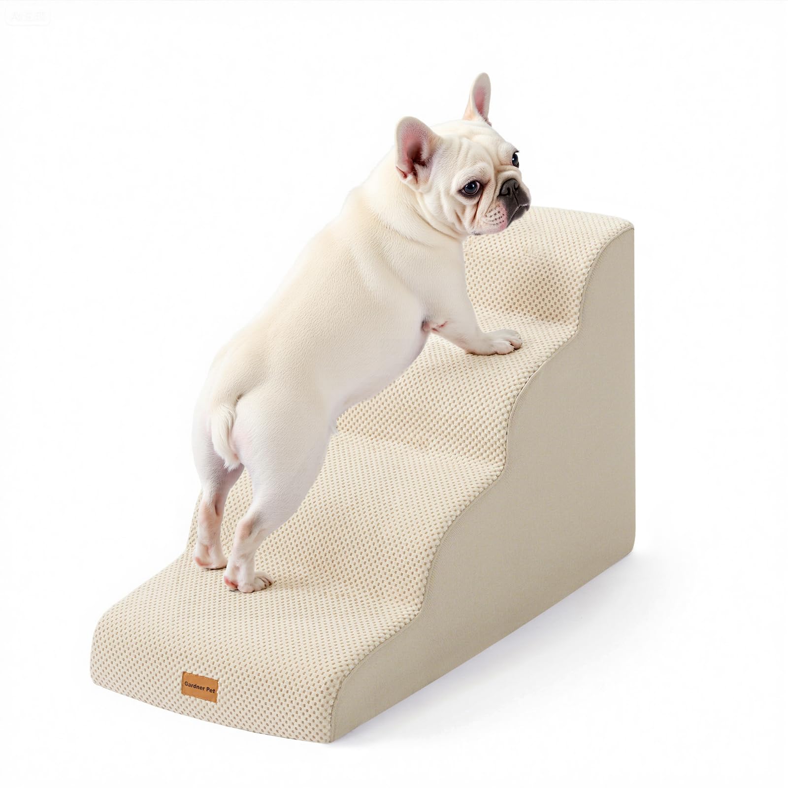 Gardner Pet Dog Stairs for Small Dogs 19.7 H, 4-Step Beige Curved Pet Stairs, Dog Steps for High Bed (18-24 in), Couch with Dura