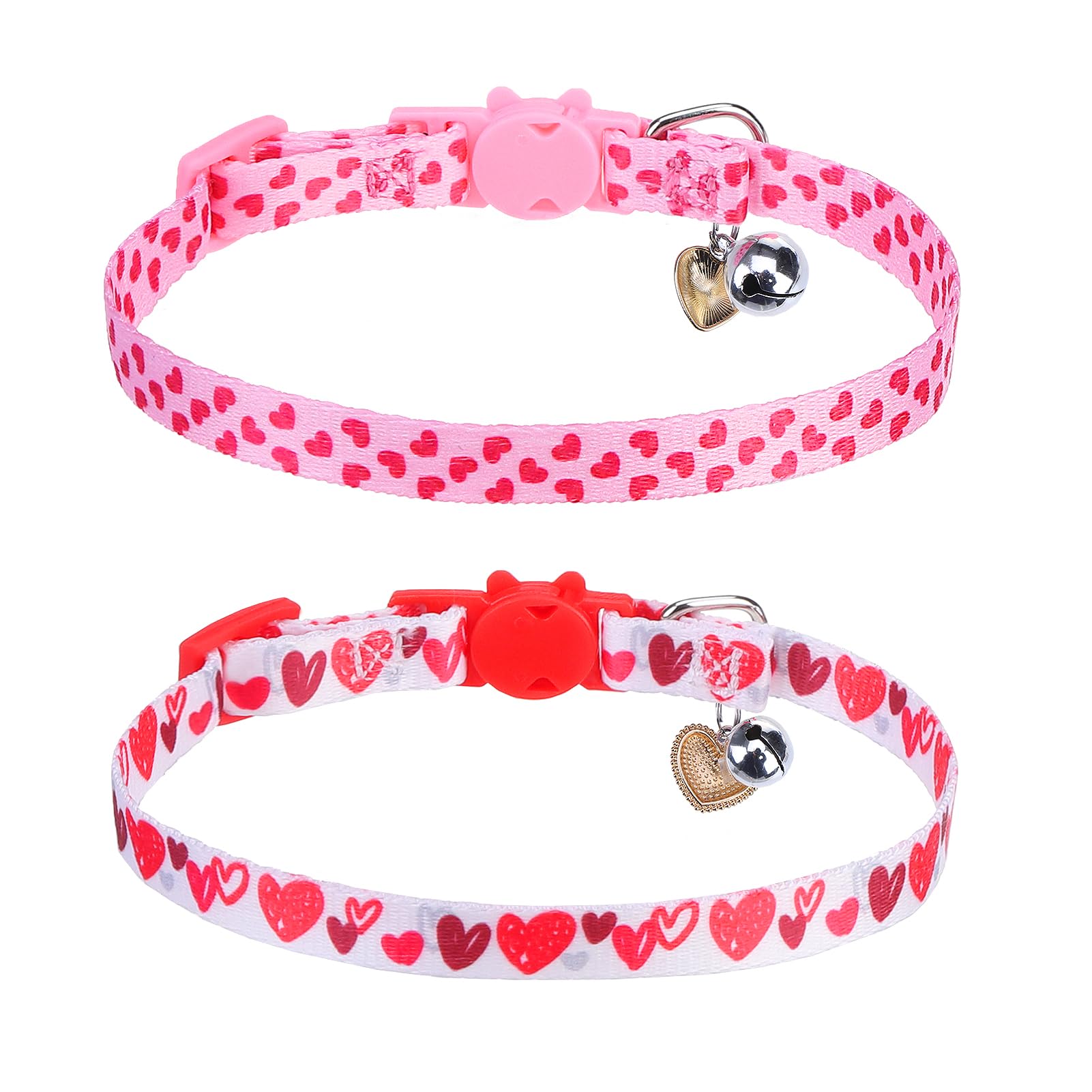 Pupteck Breakaway Valentine Cat Collar With Bell Charm, 2 Packs Adjustable Kitty Collars Pink & Red Love Pattern, 7.8-11.8 In