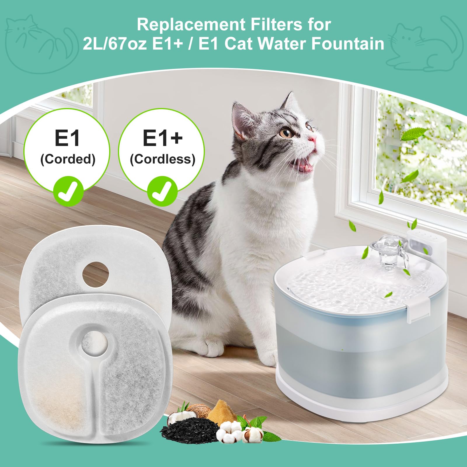 8 Pack Replacement Filters For 2L/67Oz Pumpless Cat Water Fountain, Bflicroy Cat Water Fountain Filters, Multiple Filtration Pet