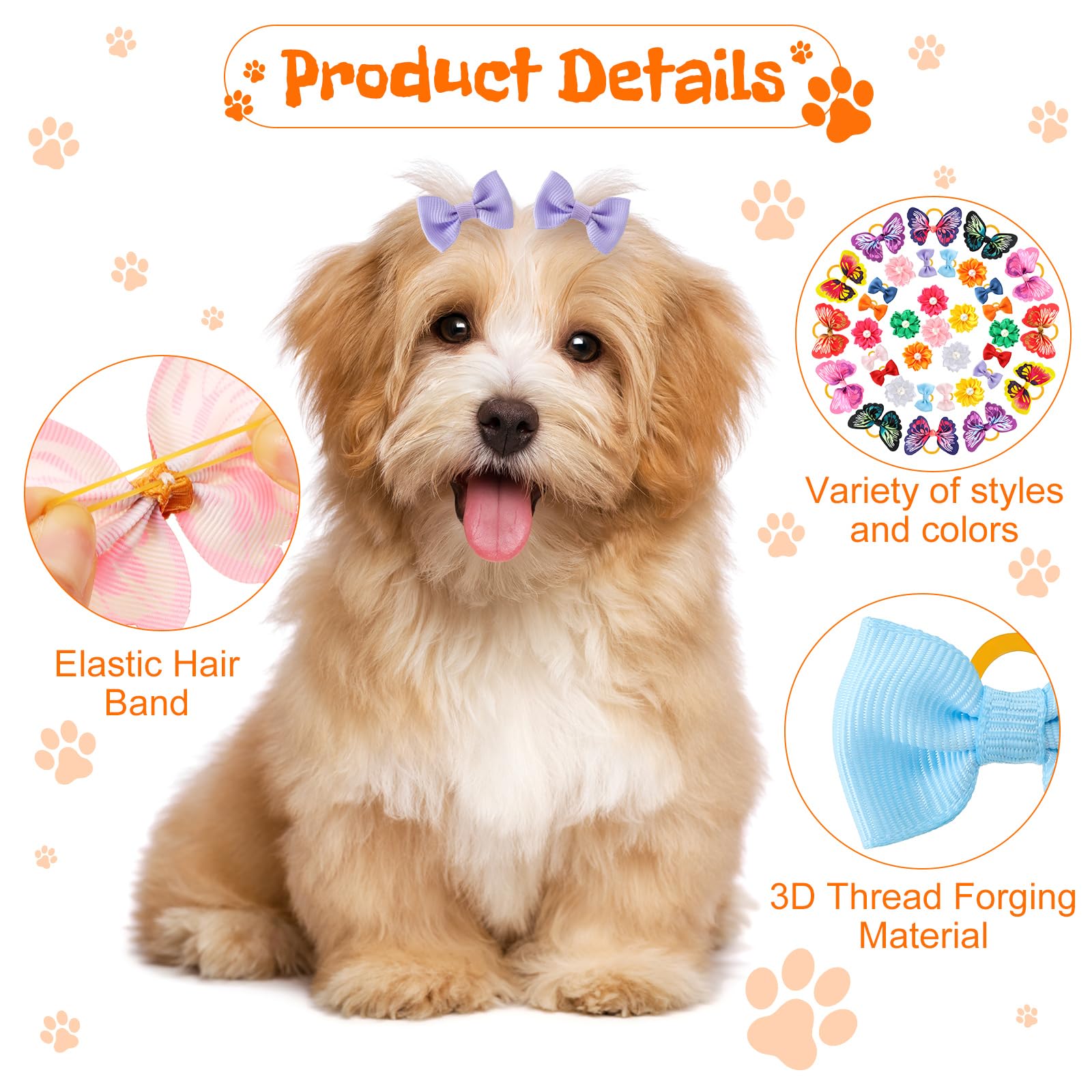 Janinka 36 Pieces Dog Hair Bows with Rubber Bands Butterfly Small Dog Knotted Bows Flower Pearls Elastic Hair Ties Bands for Pet