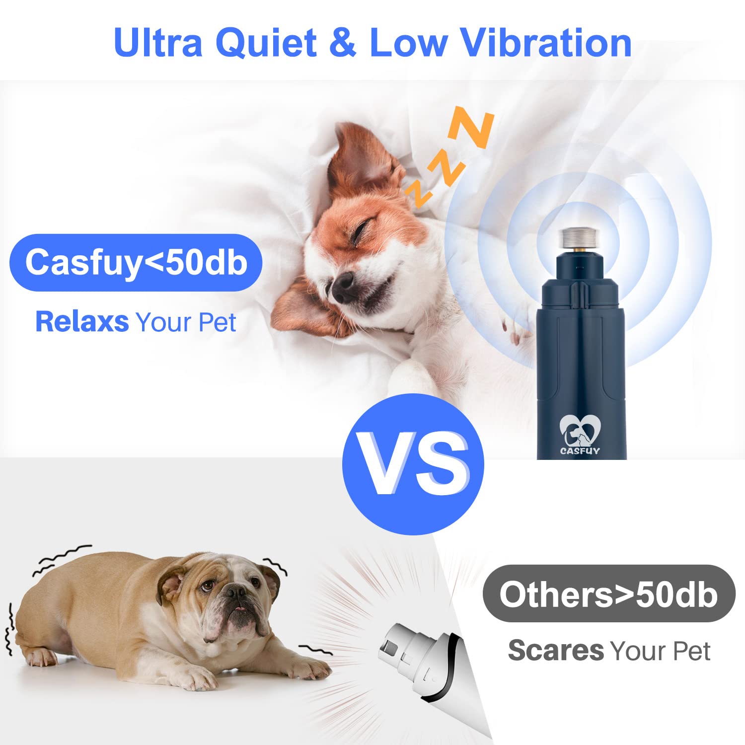 Casfuy Dog Nail Grinder - 2-Speed Electric Trimmer with LED Light for Small, Medium & Large Dogs & Cats - Dark Blue