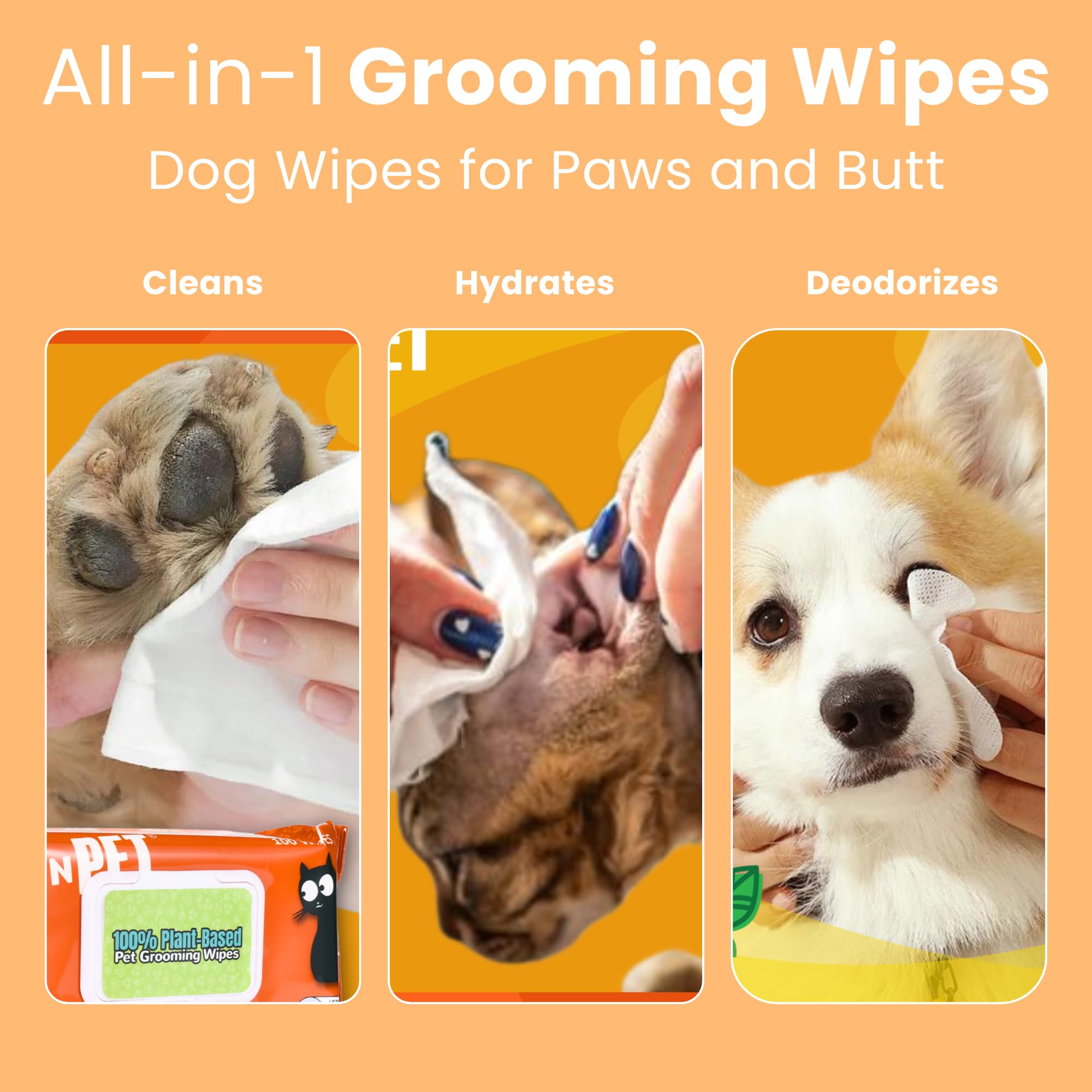 Pet N Pet 100% Plant Based Dog Wipes For Paws And Butt, 100 Counts Hypoallergenic Unscented Dog Pet Wipes, 8' X 8'