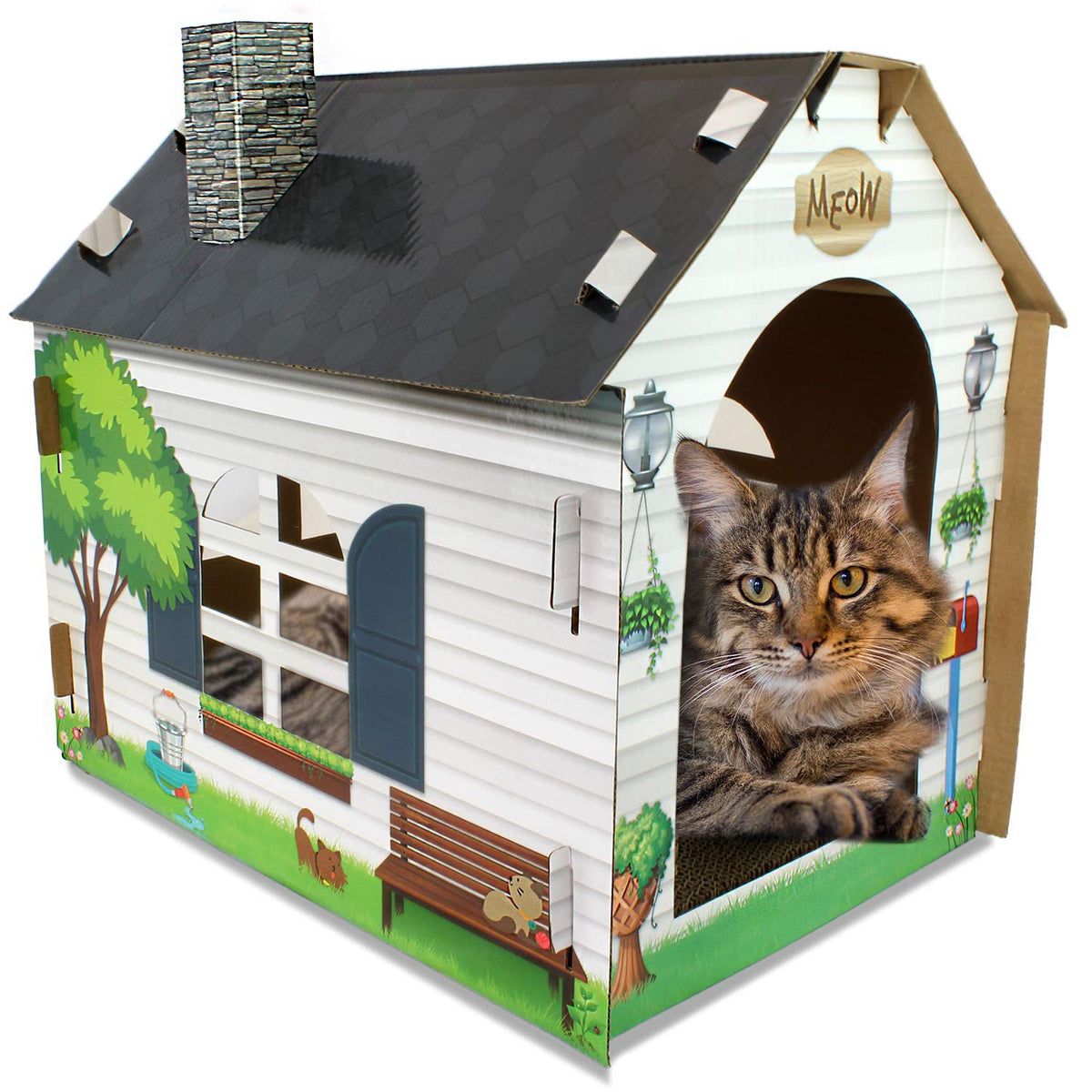 Aspca Cardboard Cat House Hideaway Playhouse With Cat Scratcher Scratching Pad 19'L X 13'W X 17'H