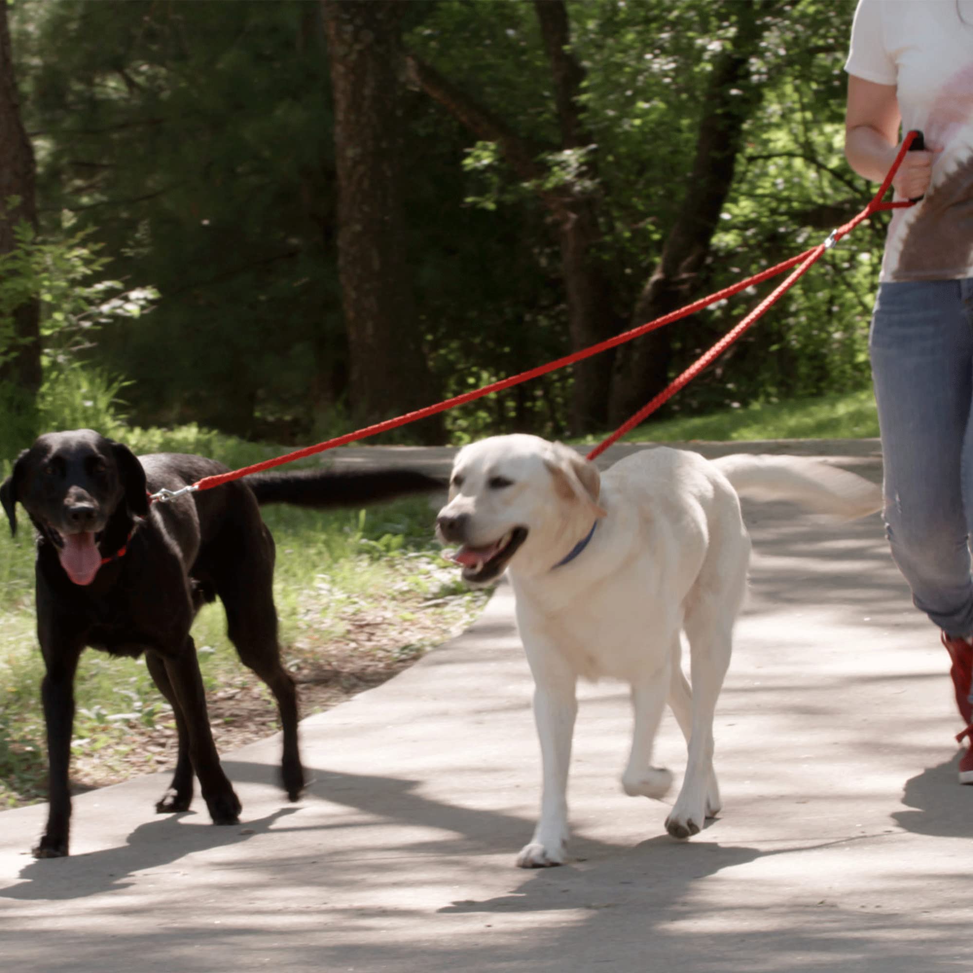 Caldwell's Pet Supply Co. Red Dual Dog Leash - Heavy Duty Tangle-Free Double Leash for Small, Medium, Large Dogs with Padded Handle