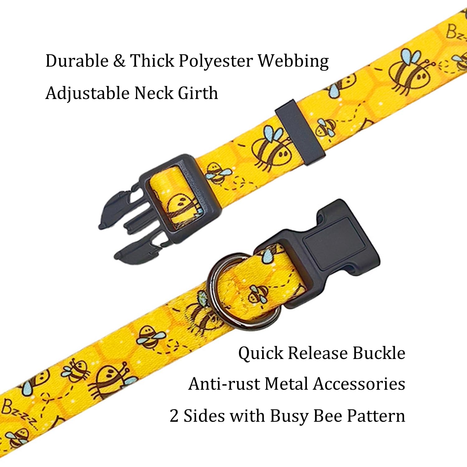 Olahibi Basic Dog Collar, Busy Bee Pattern, Polyester Material, 4 For Small Medium Large Dogs.(S, Yellow Bee)