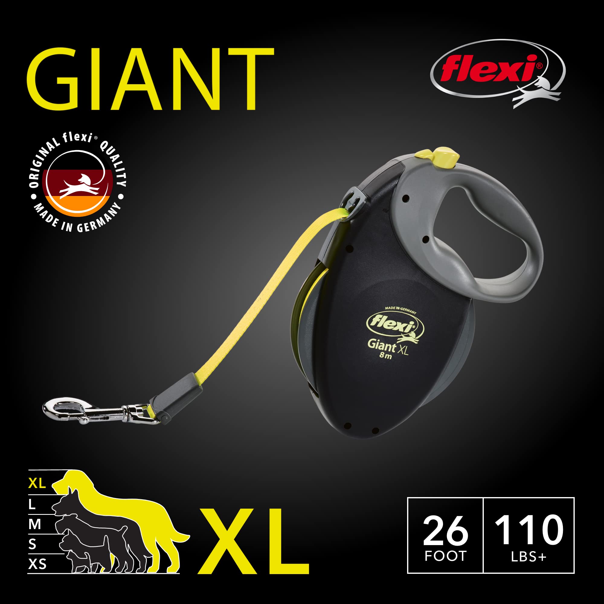 FLEXI Giant Tape Retractable Dog Leash - Extra Large 26 ft, Black Neon, Tangle-Free, One-Handed Brake, Nylon, Model GT4.210.S NEO.16