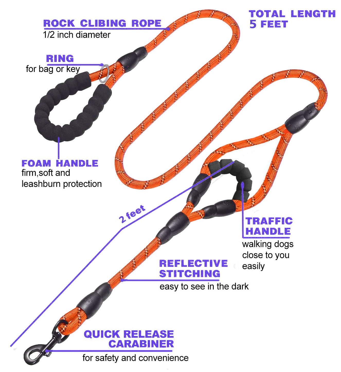 JSXD Heavy Duty Double Handle Dog Leash - 5 FT with Comfortable Padded & Reflective Rope for Small, Medium, Large Dogs (Rope-Ora