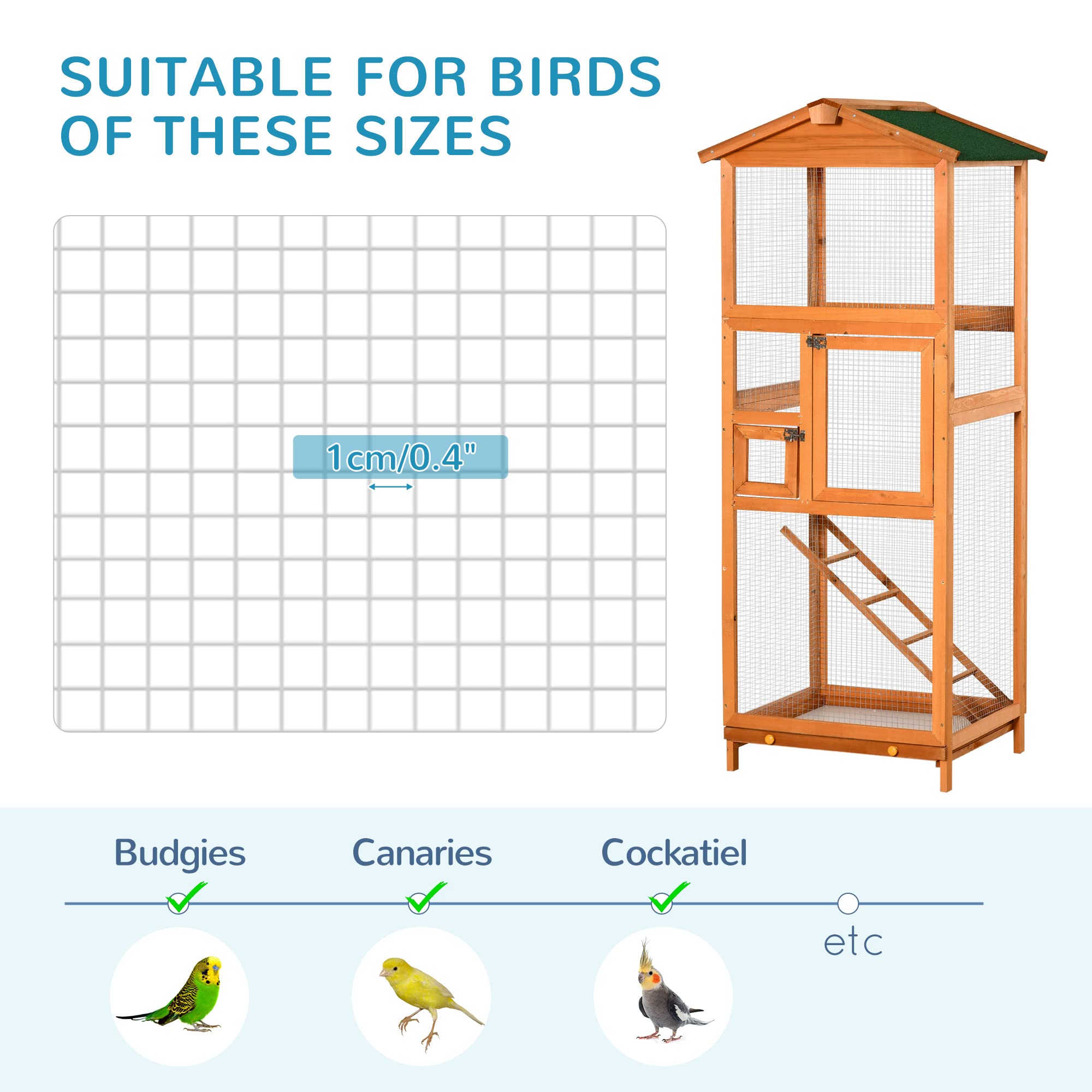 Pawhut 65'' Wooden Bird Cage Outdoor Aviary House For Parrot, Parakeet, With Pull Out Tray And 2 Doors, Natural