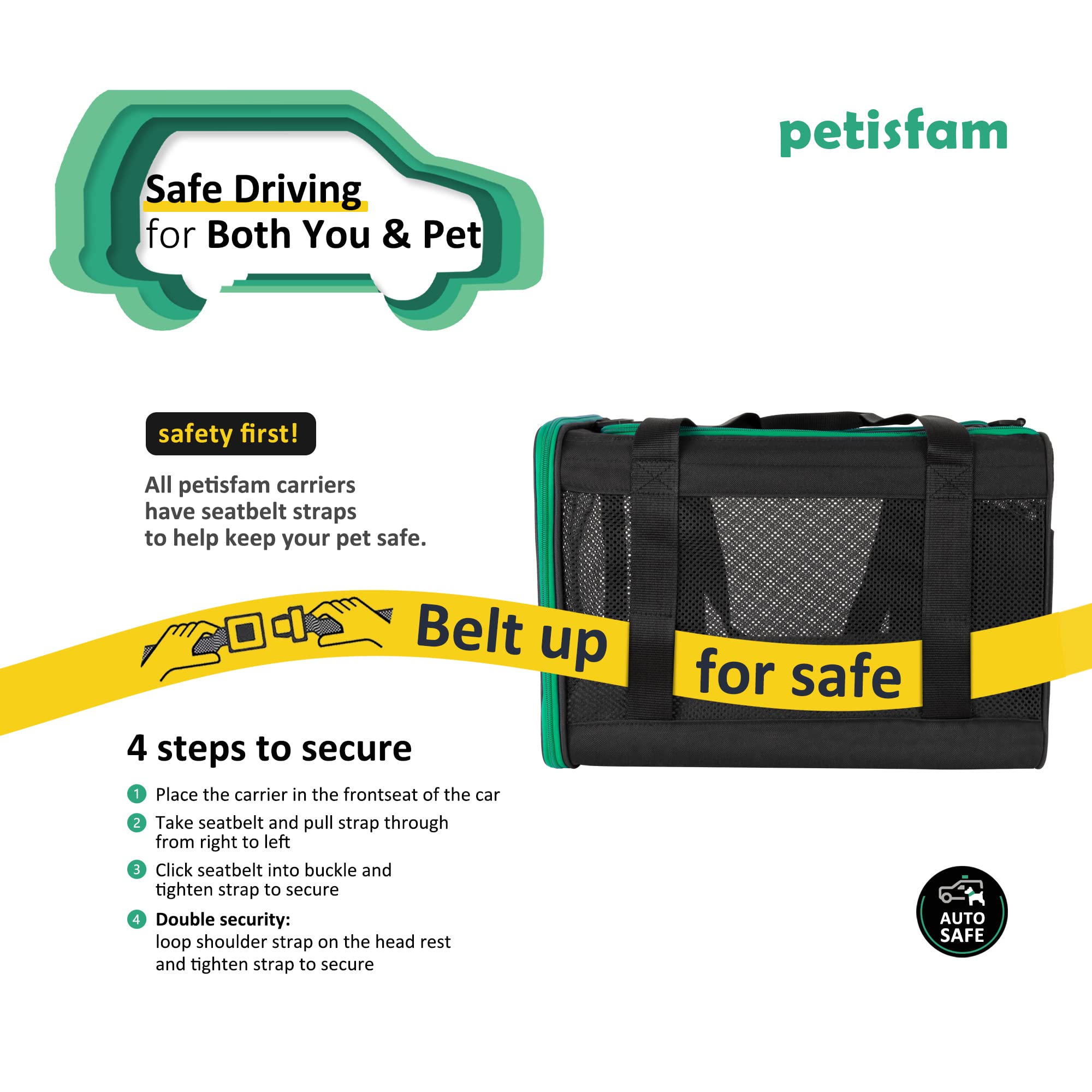 Petisfam Soft Pet Carrier Bag For Easy Travel With Medium, Large Cats, 2 Kitties And Small Dogs. Easy To Get Cat In. Easy Vet Visit. Easy Storage. Black W/Green Trim, L