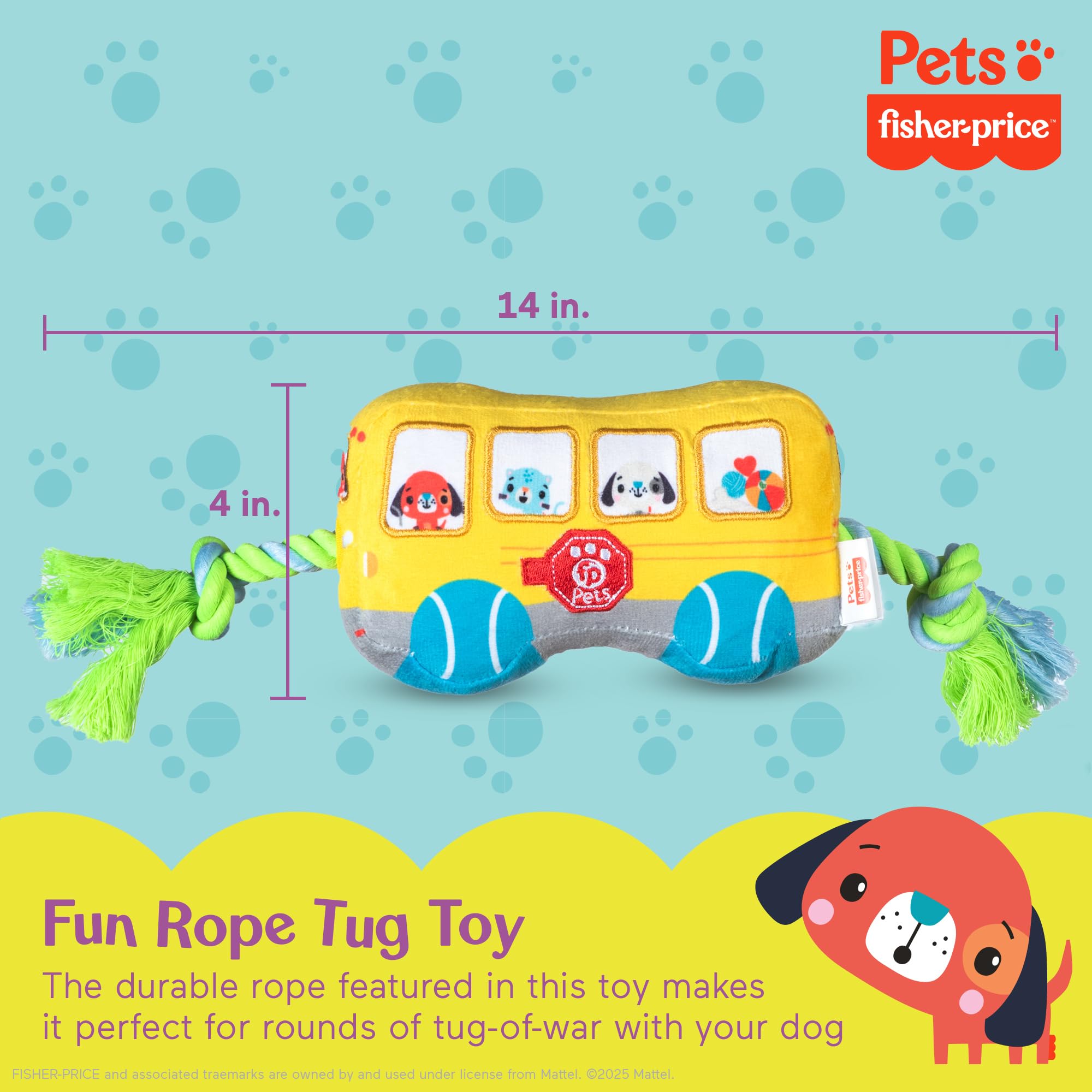 Fisher-Price for Pets School Bus Rope Toy for Dogs, Dog Tug Toy with Rope, Plush Dog Toy with Squeaker Inside, Developmental Dog