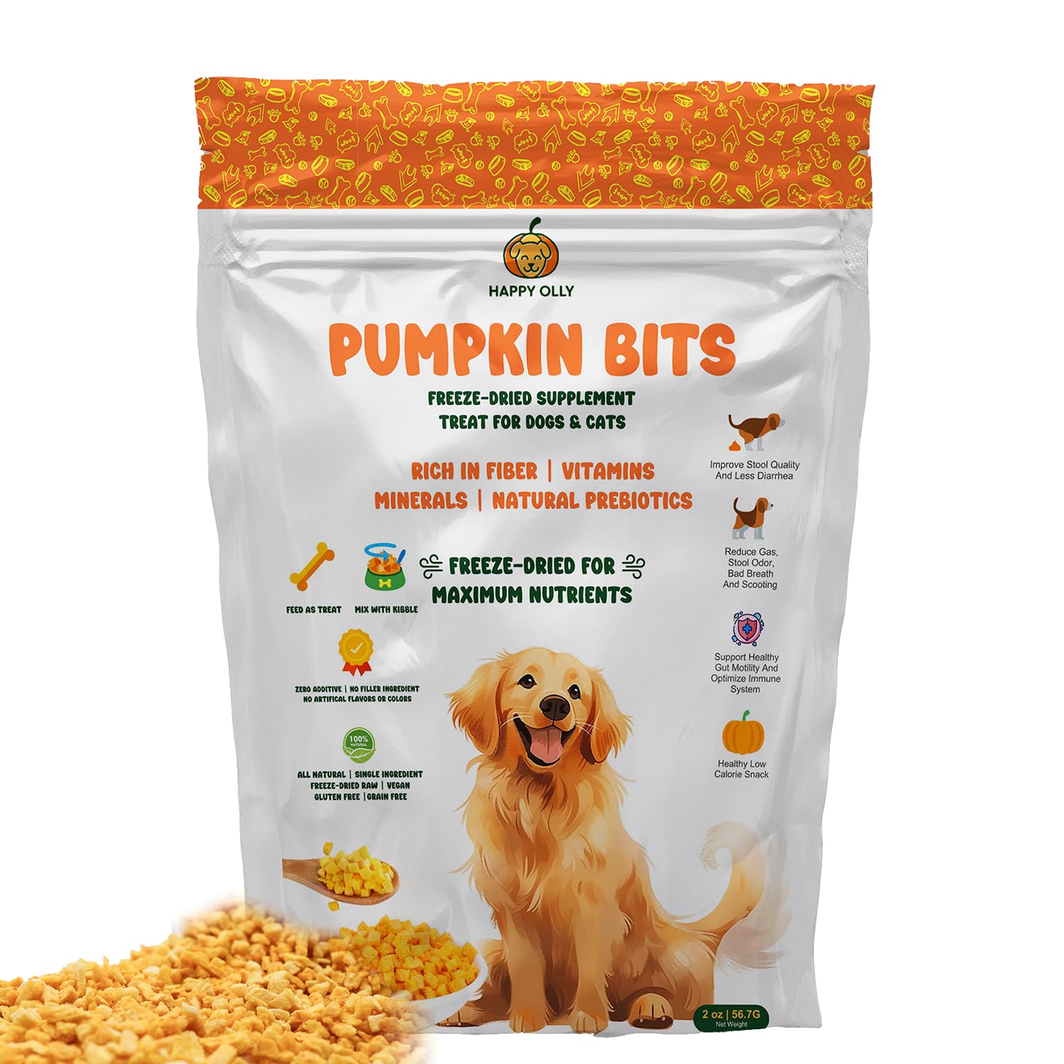 Happy Olly Pumpkin Treats for Dogs Digestion 2oz - Freeze Dried Pumpkin Treats/Topper, Reduce Dog Diarrhea and Scotting - Natura